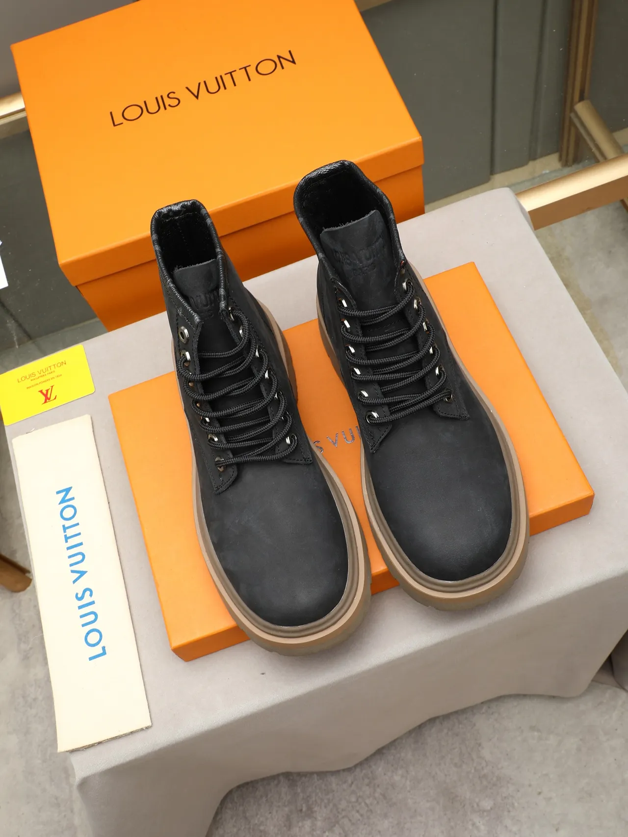Black Suede Lace-Up Chunky Lug Sole Work Boot