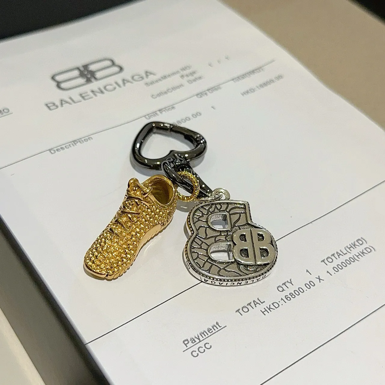 Balenciaga Gold Silver Miniature Sneaker Charm Heart-Shaped BB Logo Bracelet