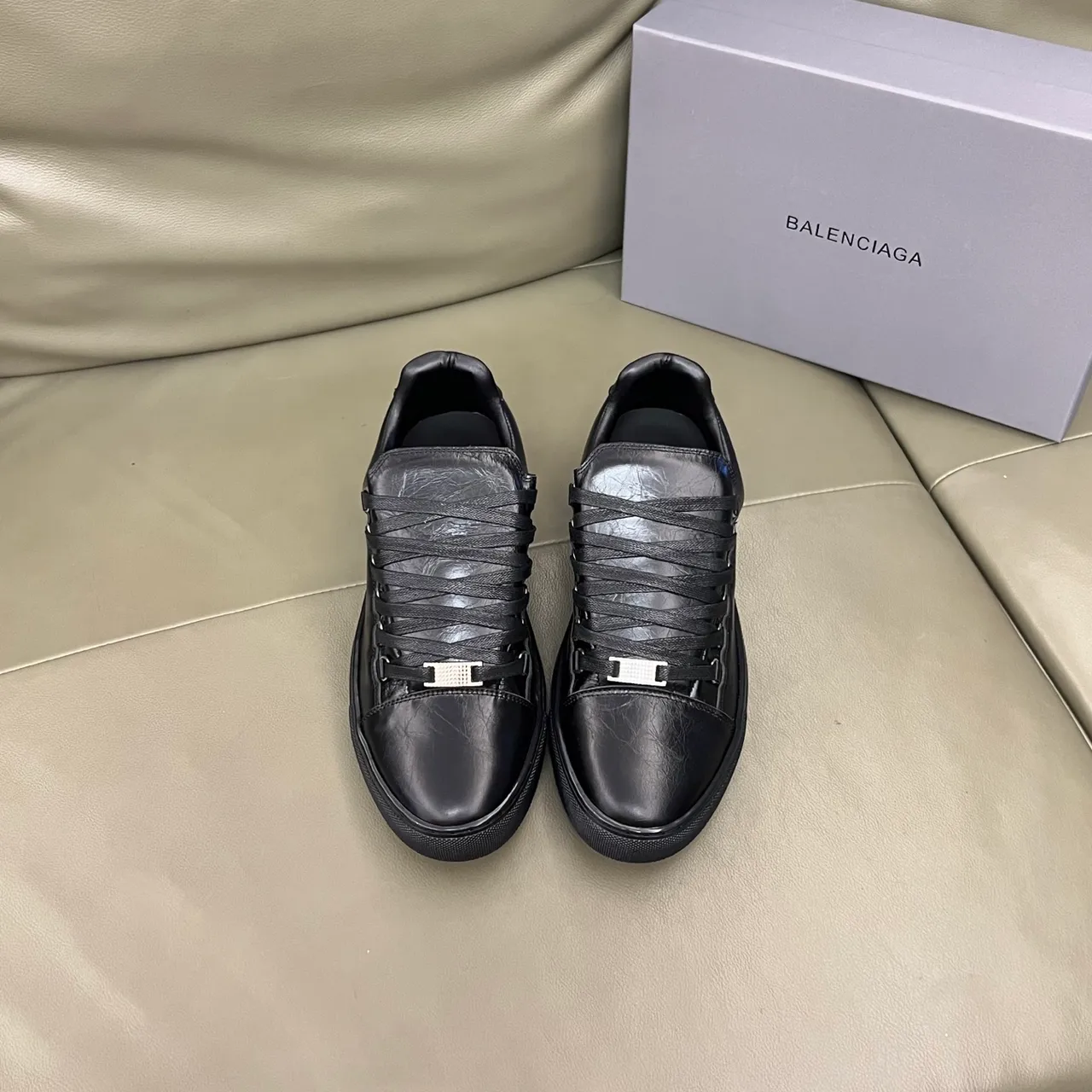 Balenciaga Black Crinkled Leather Wide Strap-Style Laces Lifestyle Sneakers