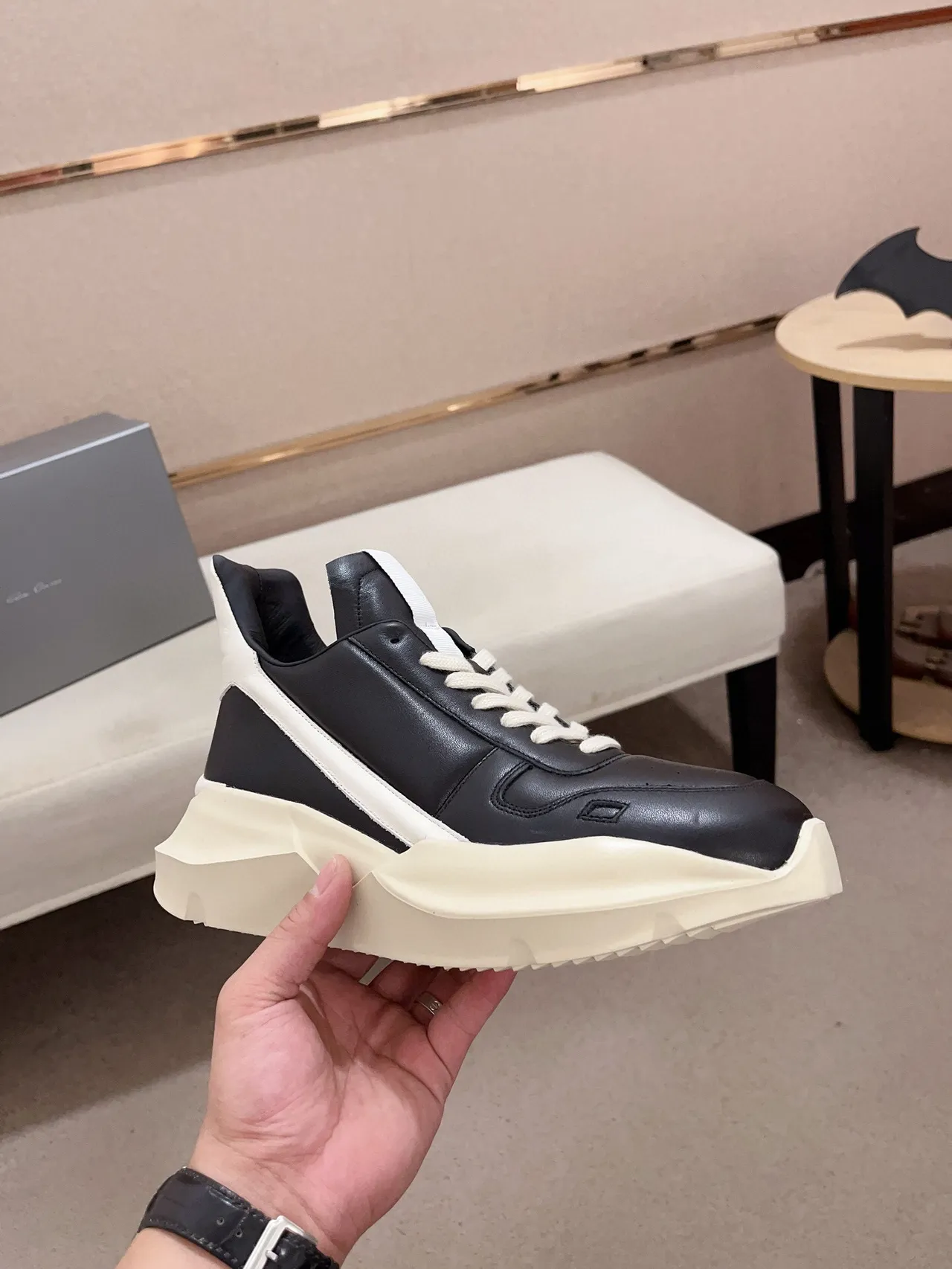 Rick Owens Black Beige Sculpted Sole Asymmetrical Heel Counter Chunky Sneakers