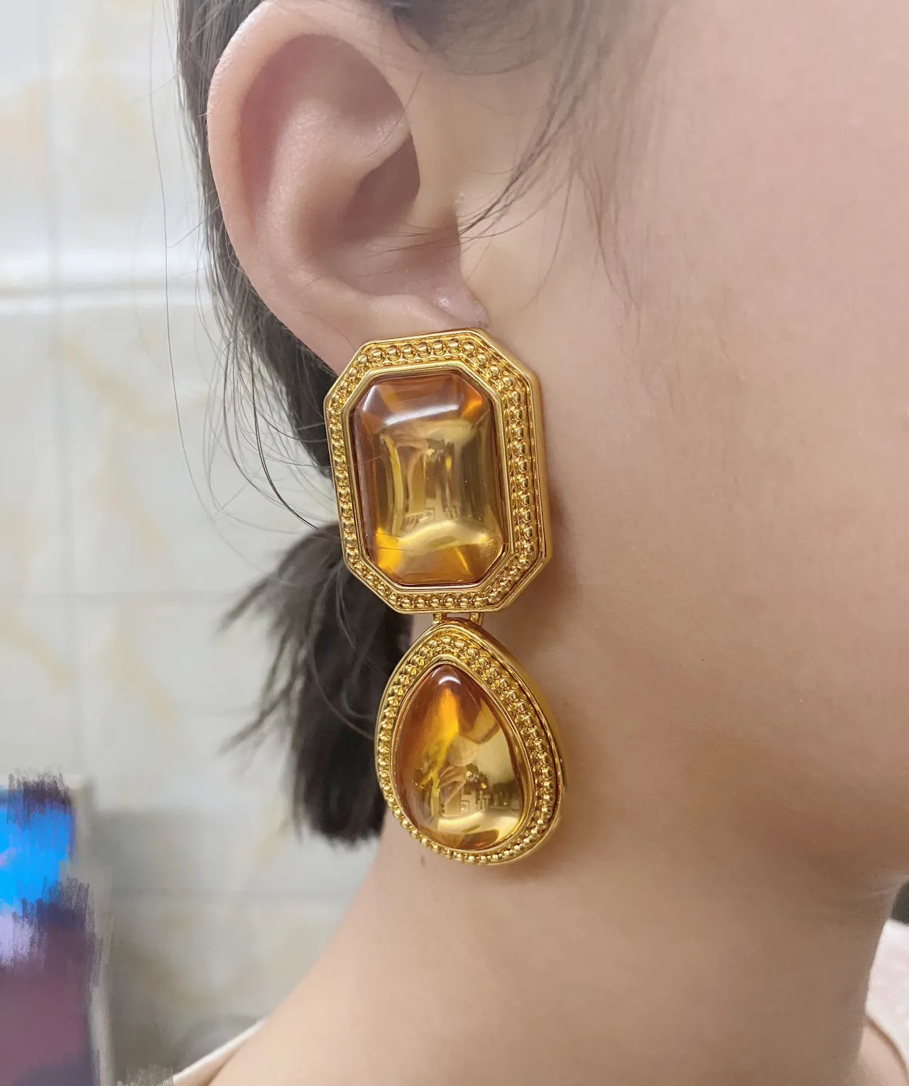 Saint Laurent Amber Resin Dual-Stone Drop Earrings