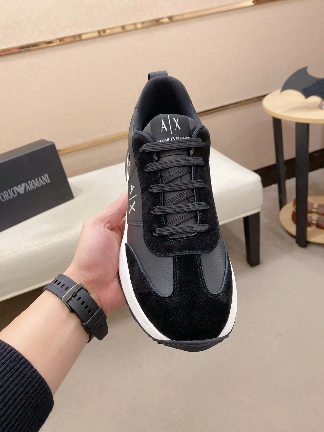 Armani Exchange Black Suede and Leather Platform Lifestyle Sneaker