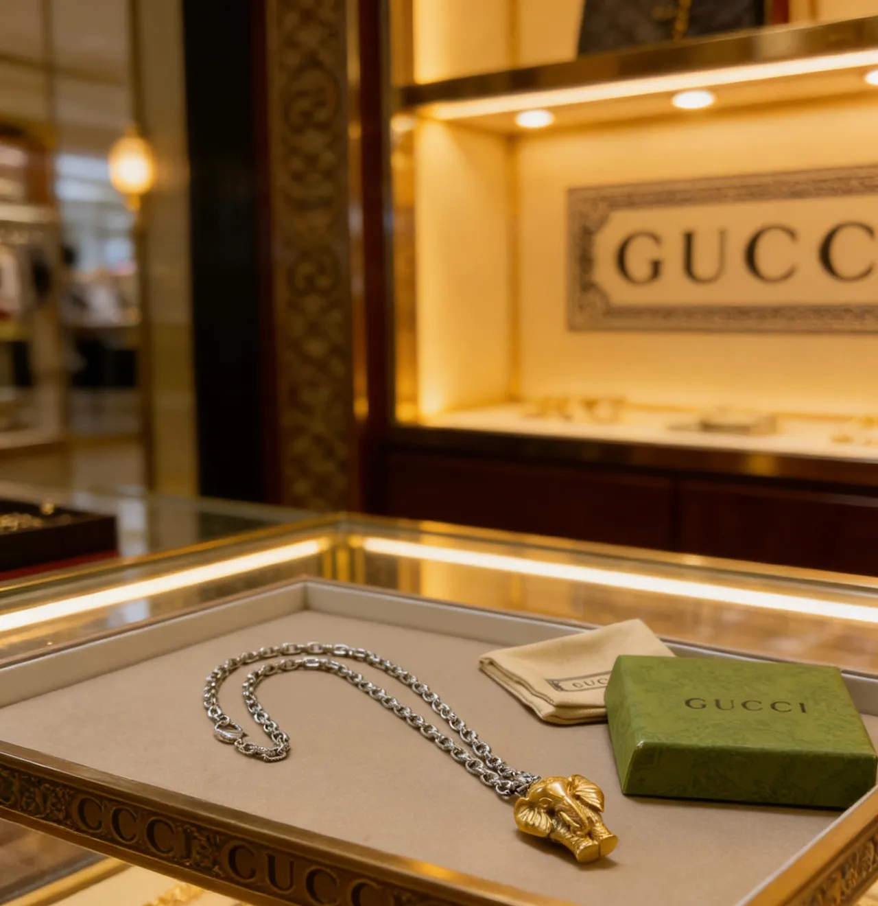 Gucci Silver Gold Sculpted Elephant Head Pendant Heavy Link Chain Necklace