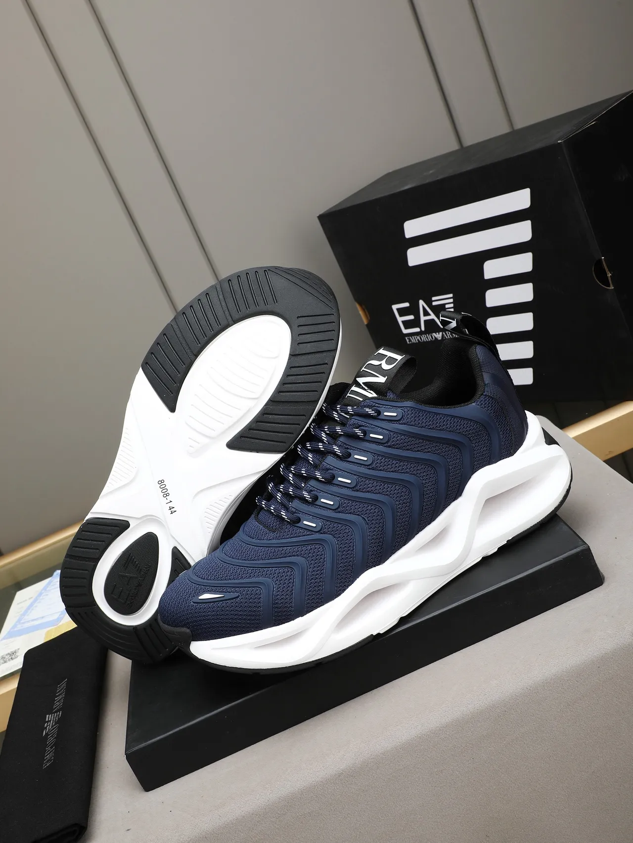 Giorgio Armani Navy Mesh and Synthetic Overlay Lifestyle Sneaker
