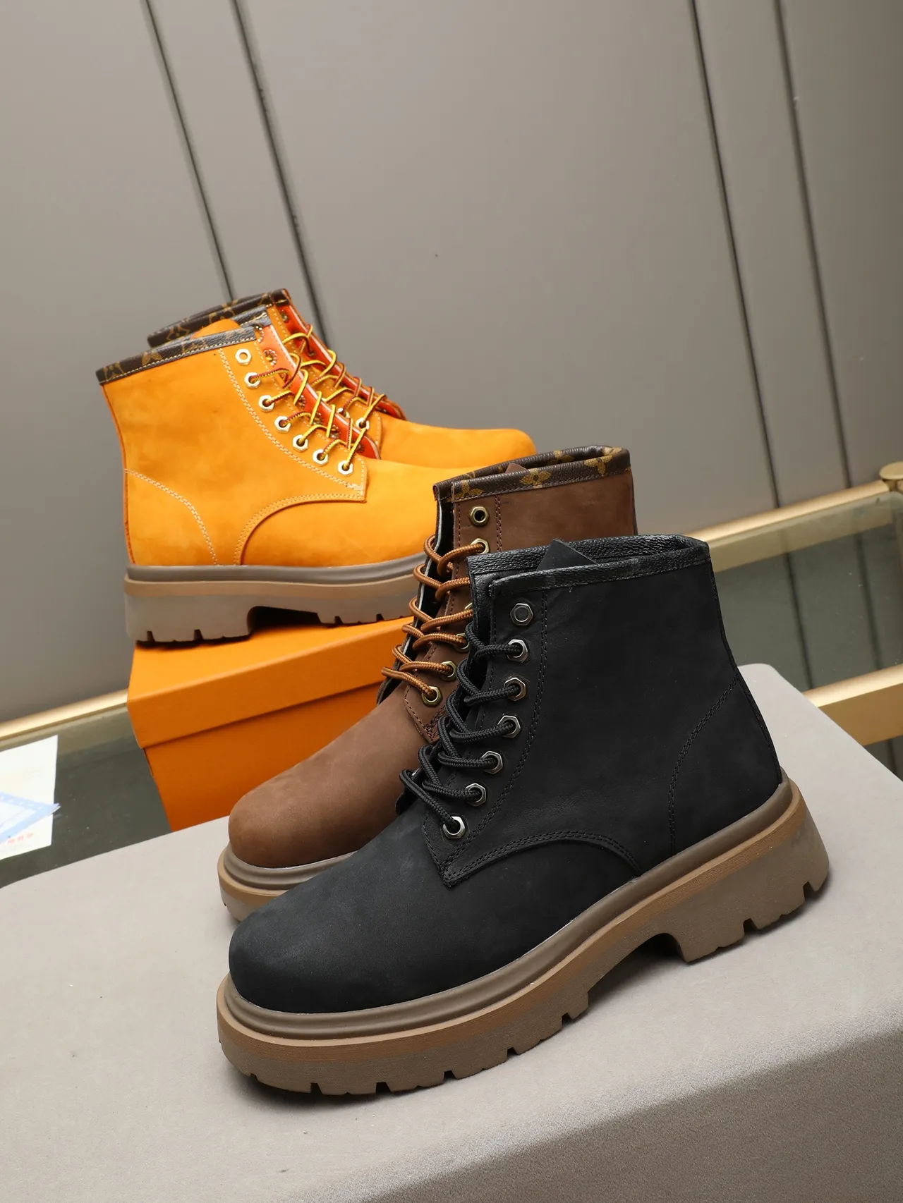 Louis Vuitton Orange Suede Monogram Collar Work Boot