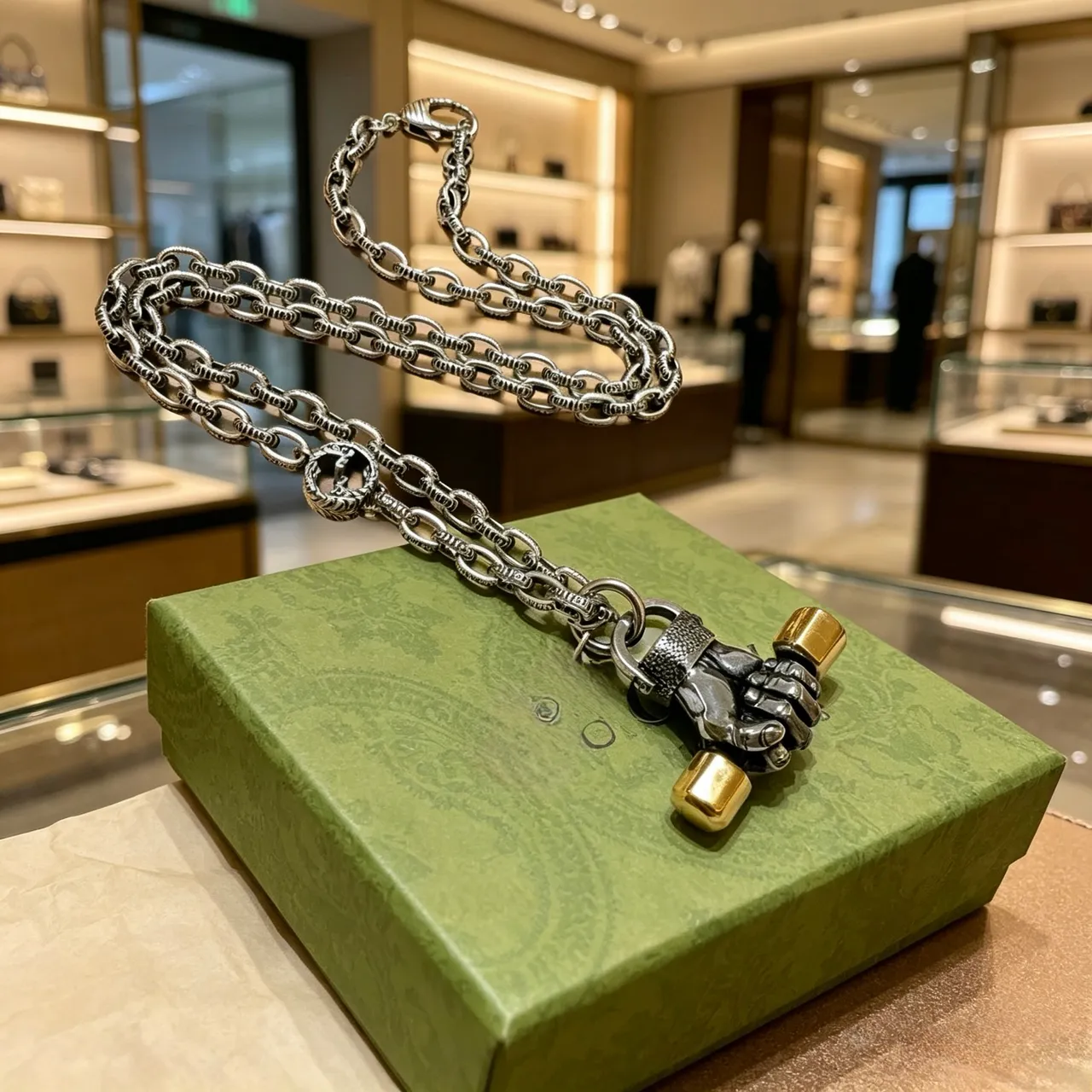 Gucci Fist Pendant Silver Gold Oxidized Chain Sculpted Necklace