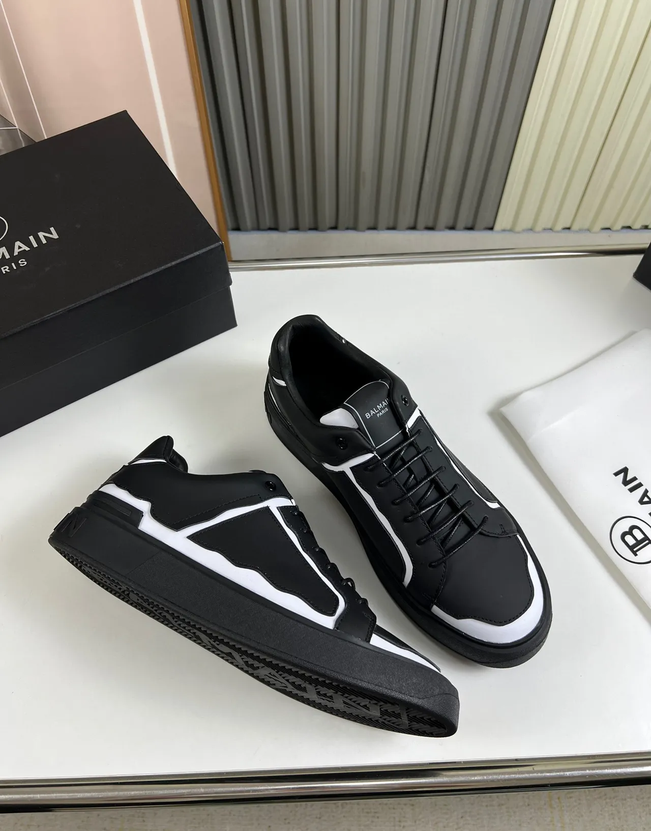 Balmain Black White Structured Leather Upper Asymmetrical Wave Paneling Lifestyle Sneakers