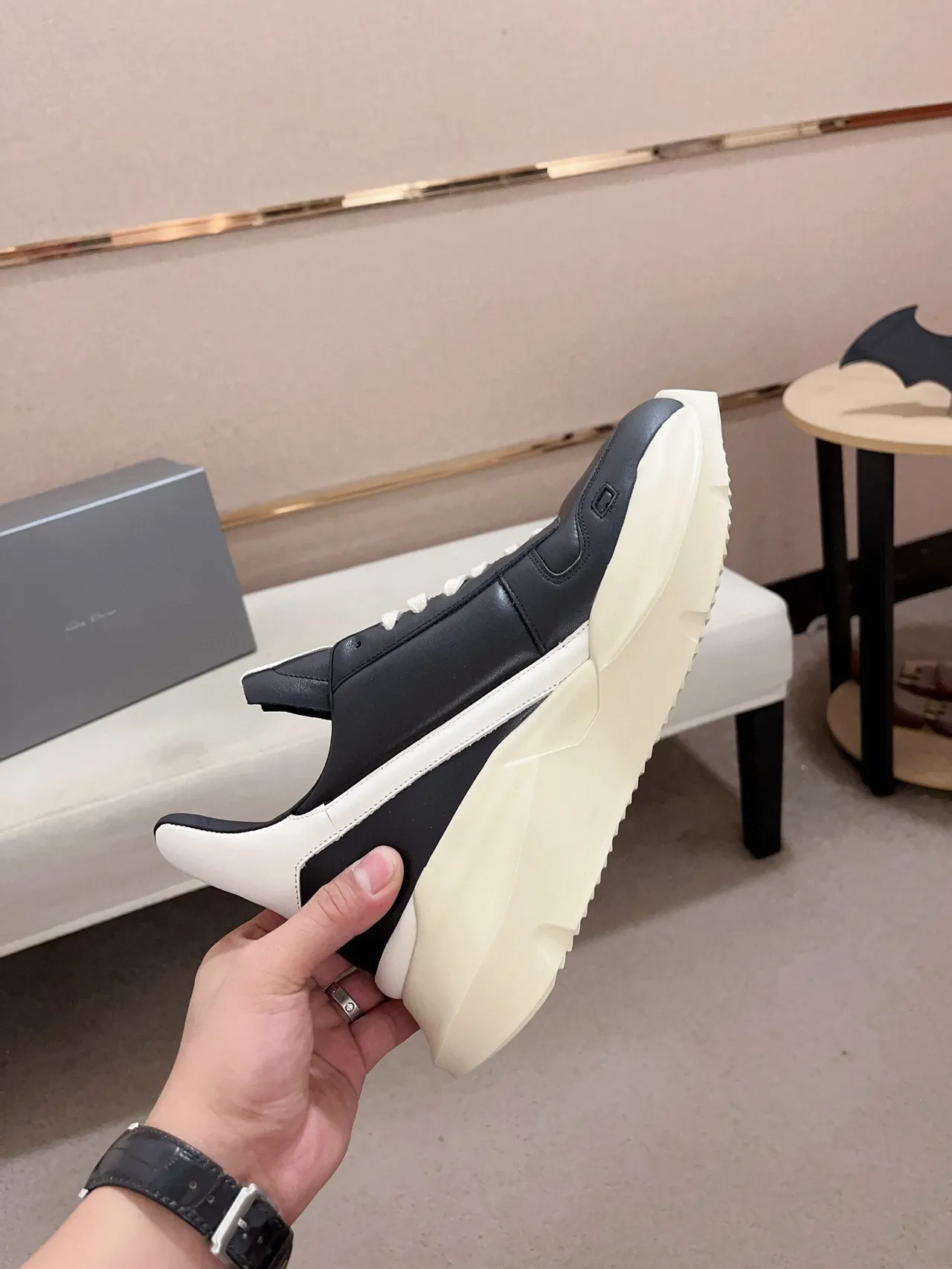 Rick Owens Black Beige Sculpted Sole Asymmetrical Heel Counter Chunky Sneakers