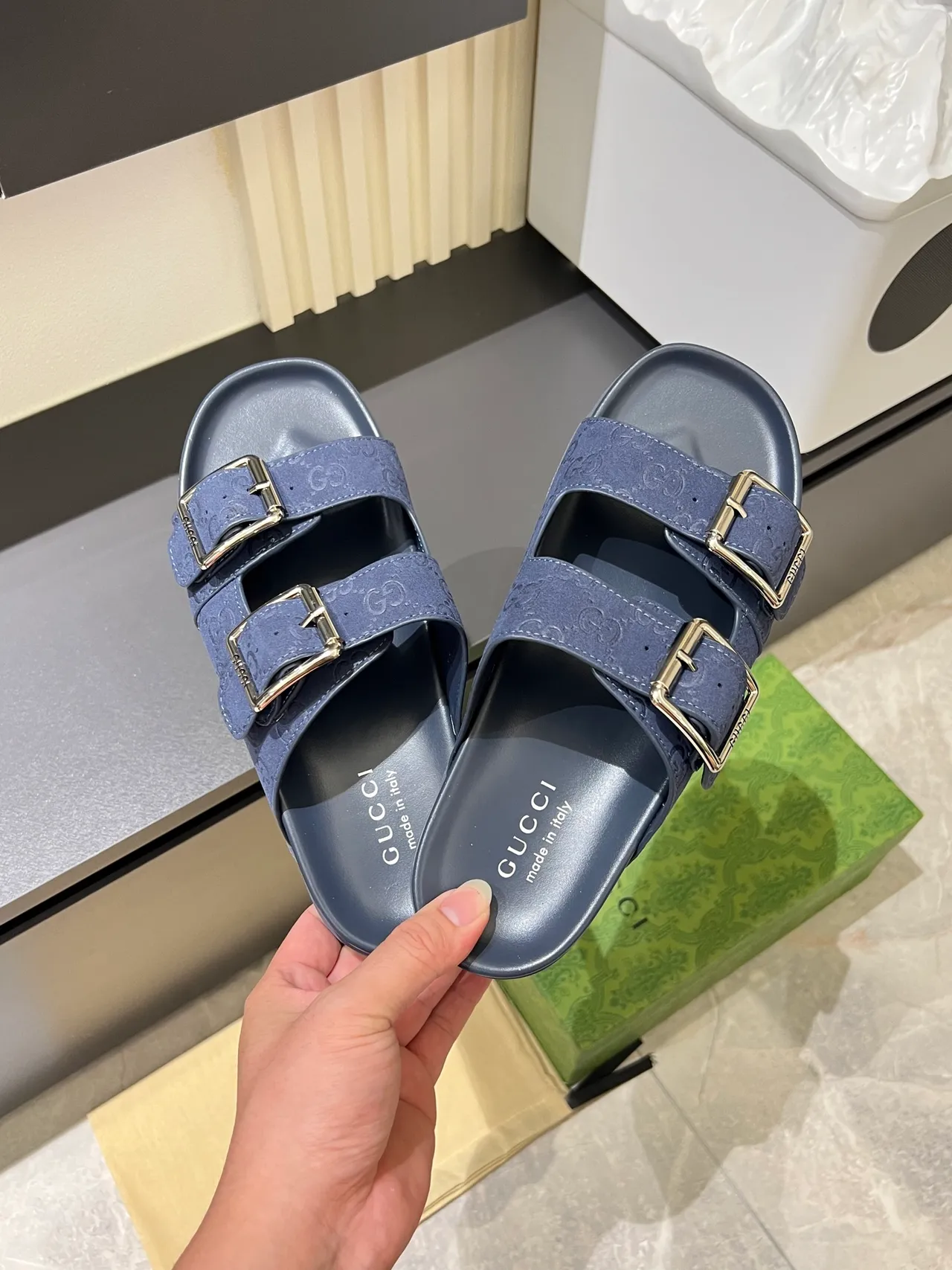 Gucci Screener Embossed GG Buckle Slide Casual Sandals