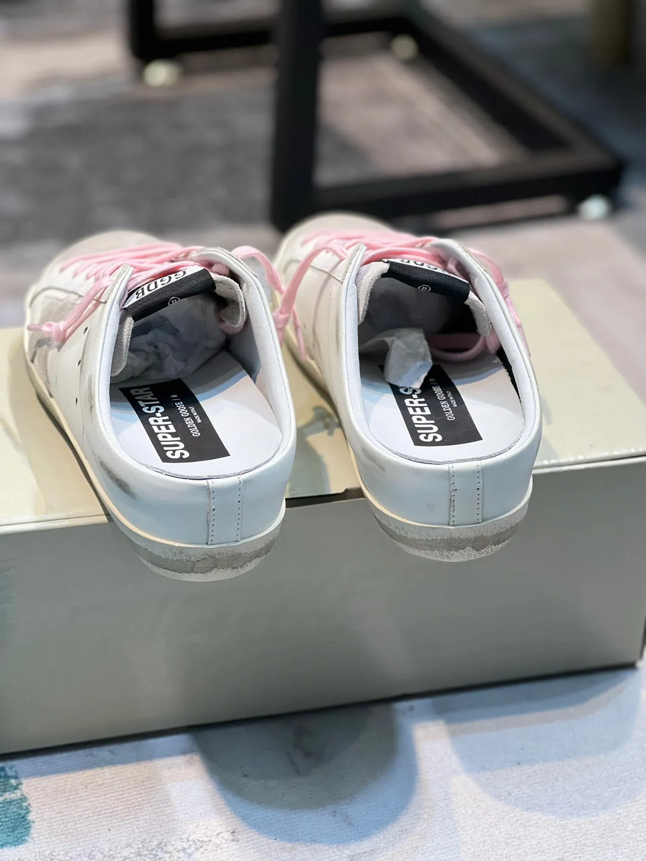 Golden Goose Super-Star Mule White Pink Distressed Leather Laces Lifestyle Sneakers