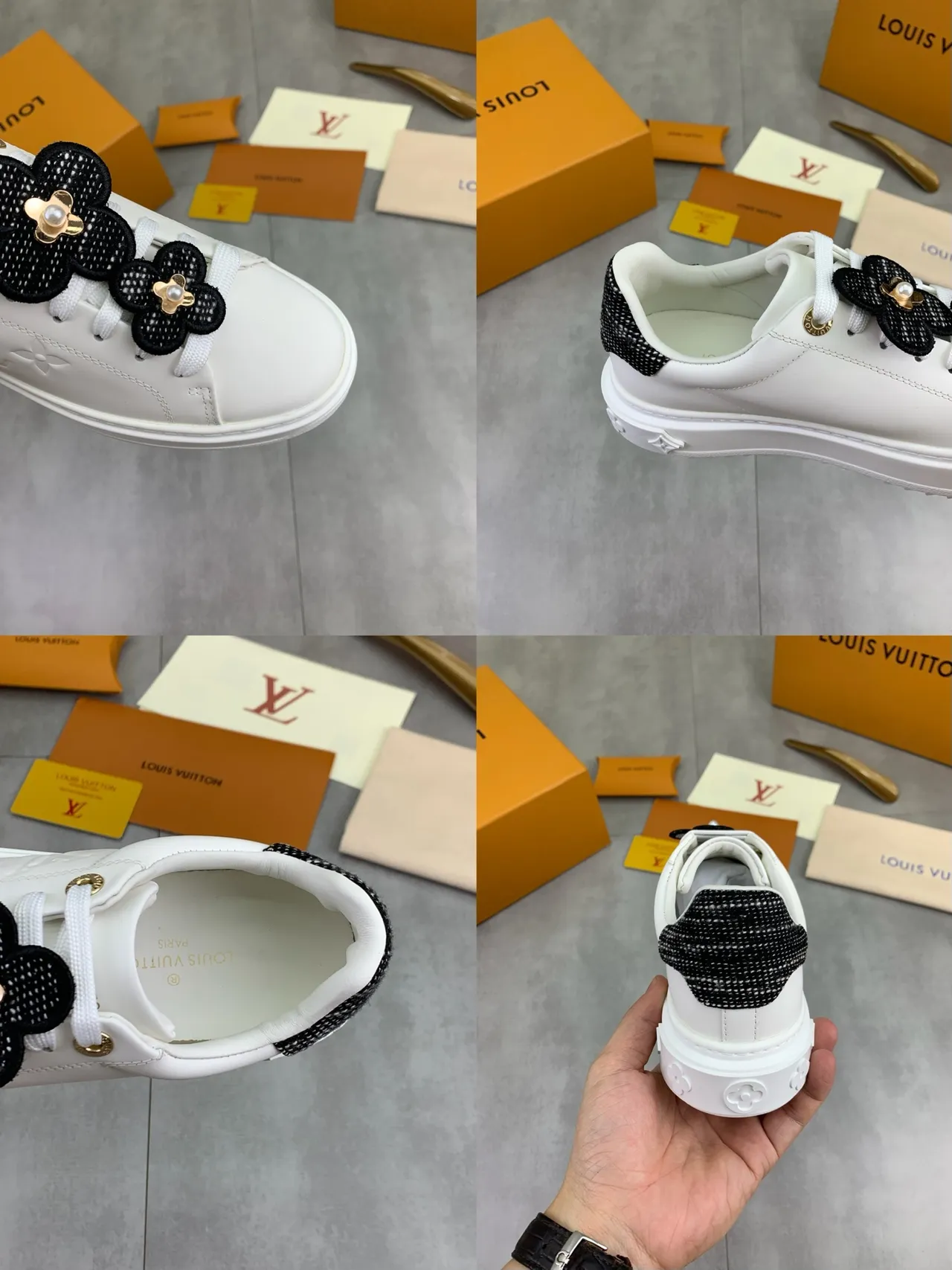 Louis Vuitton White Black Embossed Monogram Floral Lace Charms Lifestyle Sneakers