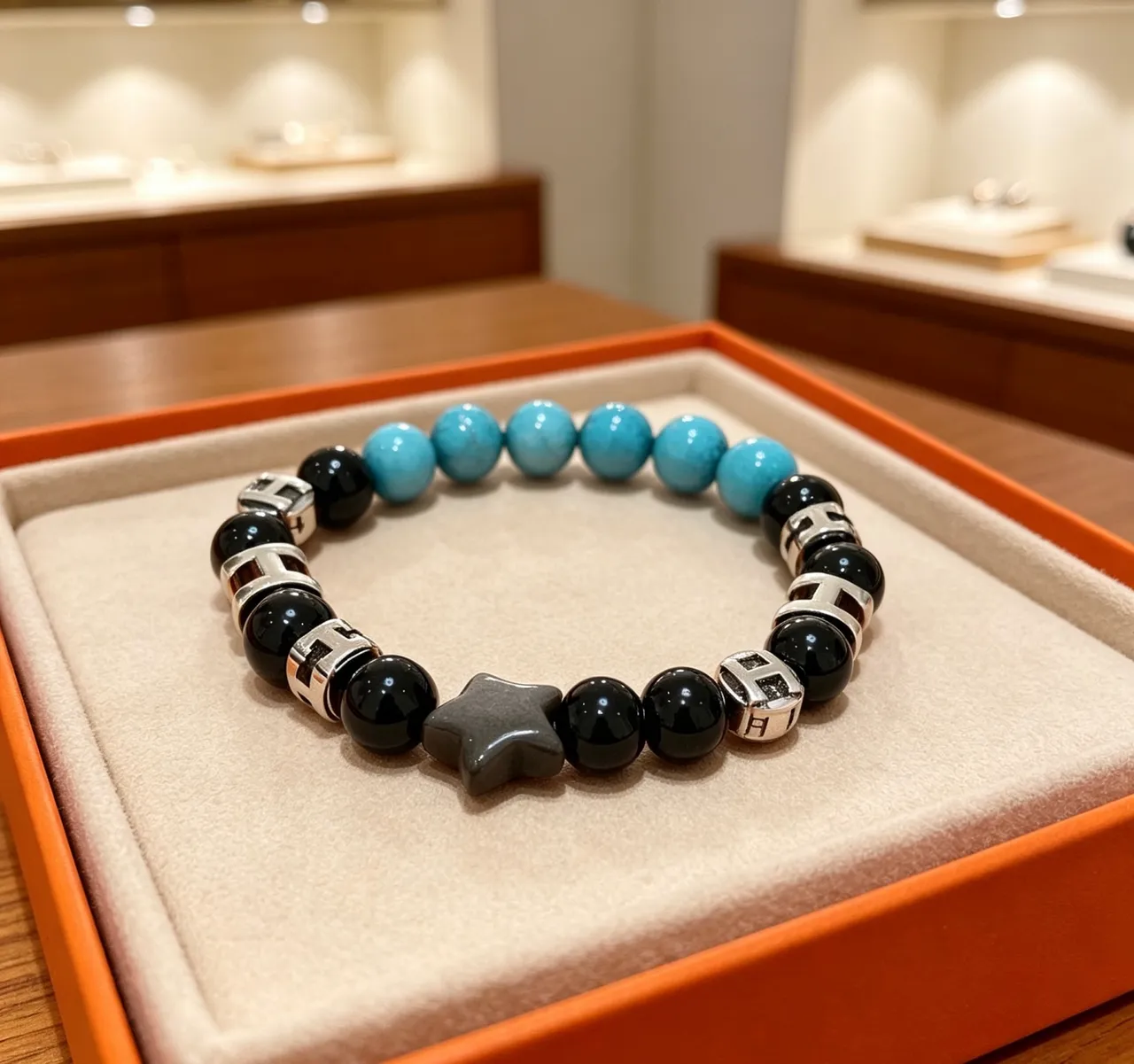 Hermès H Collection Black Blue Beaded Stretch Hardware Bracelet