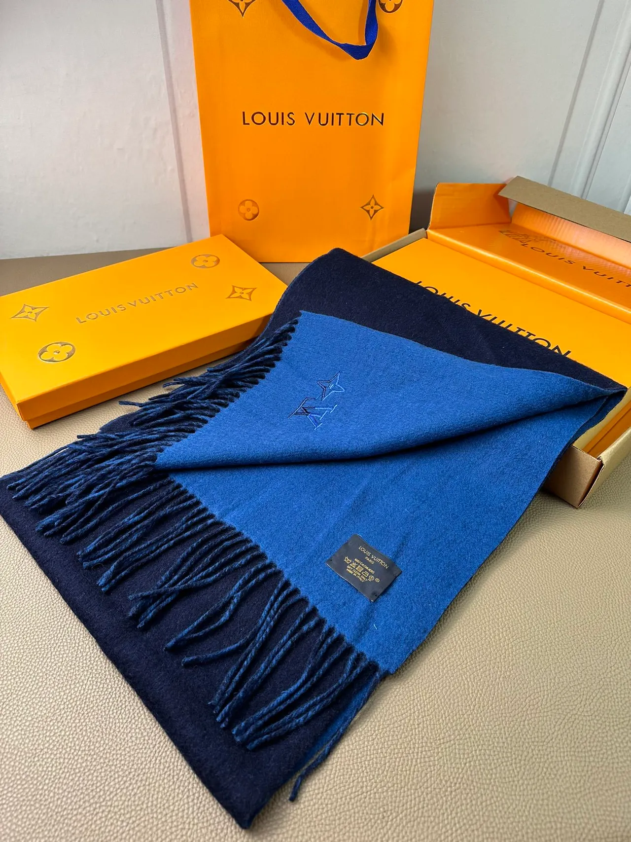 Louis Vuitton Embroidered Monogram Navy Cashmere Scarf