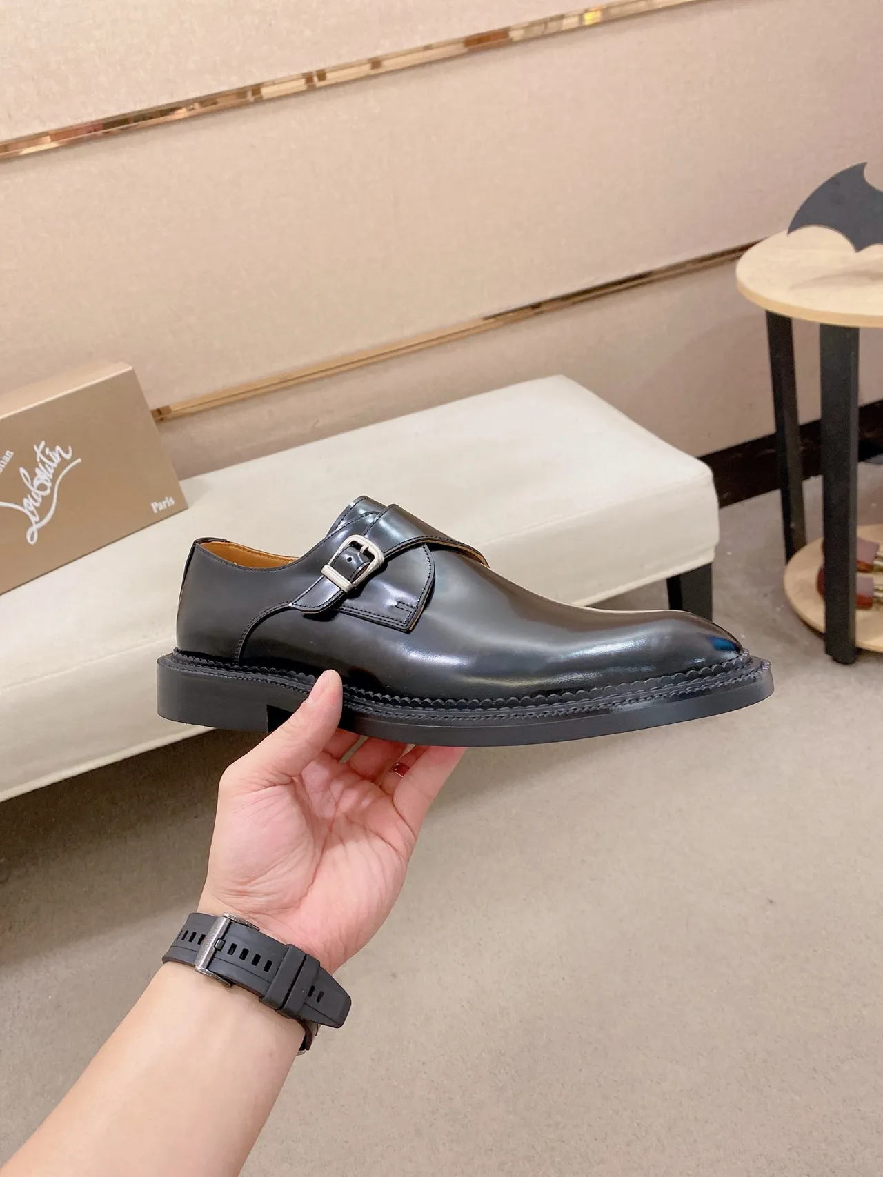 Black Beige Glossy Leather Single Strap Monk Shoes