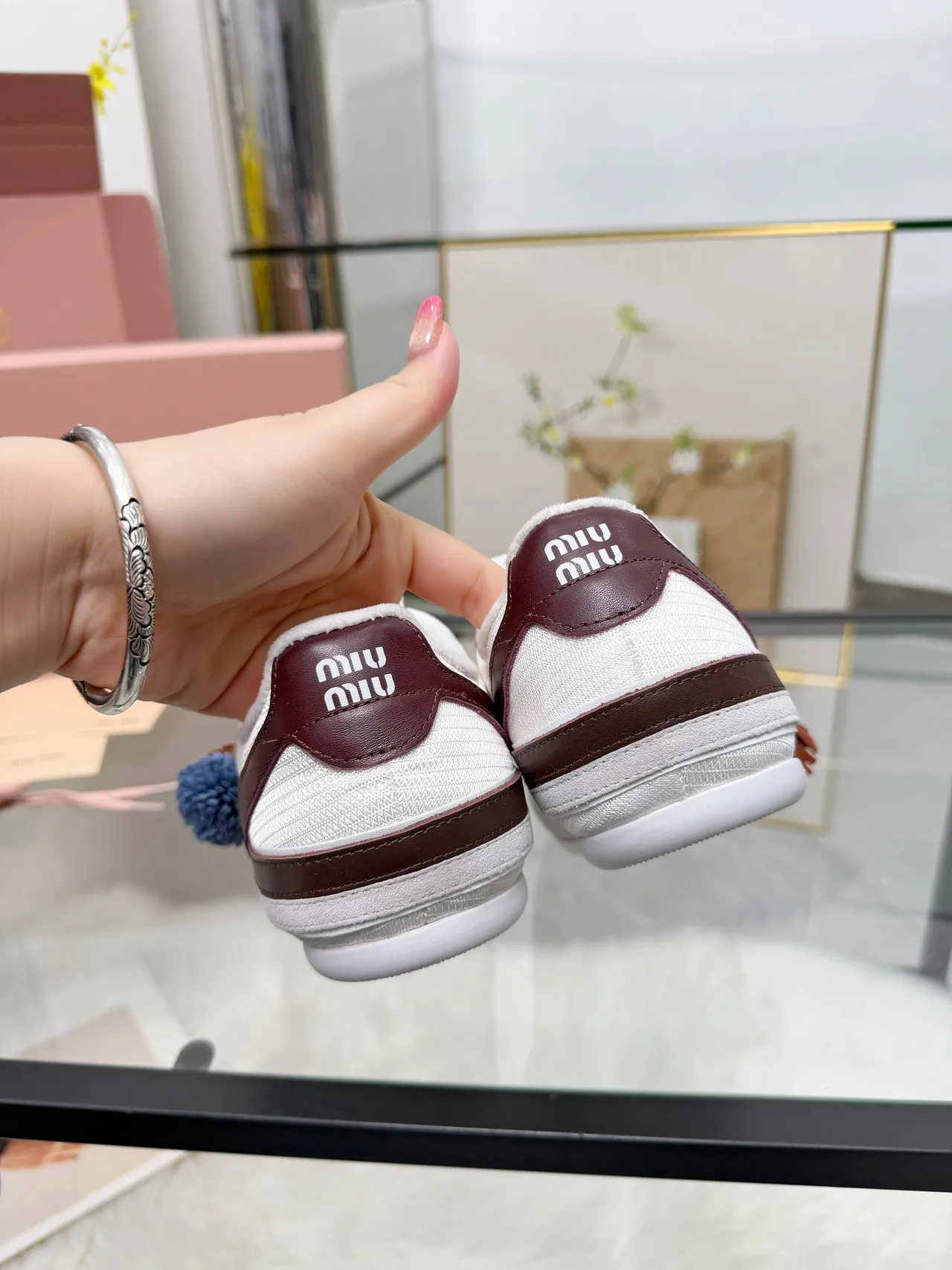 Miu Miu White Burgundy Suede And Mesh Upper Leather Side Stripe Lifestyle Sneakers