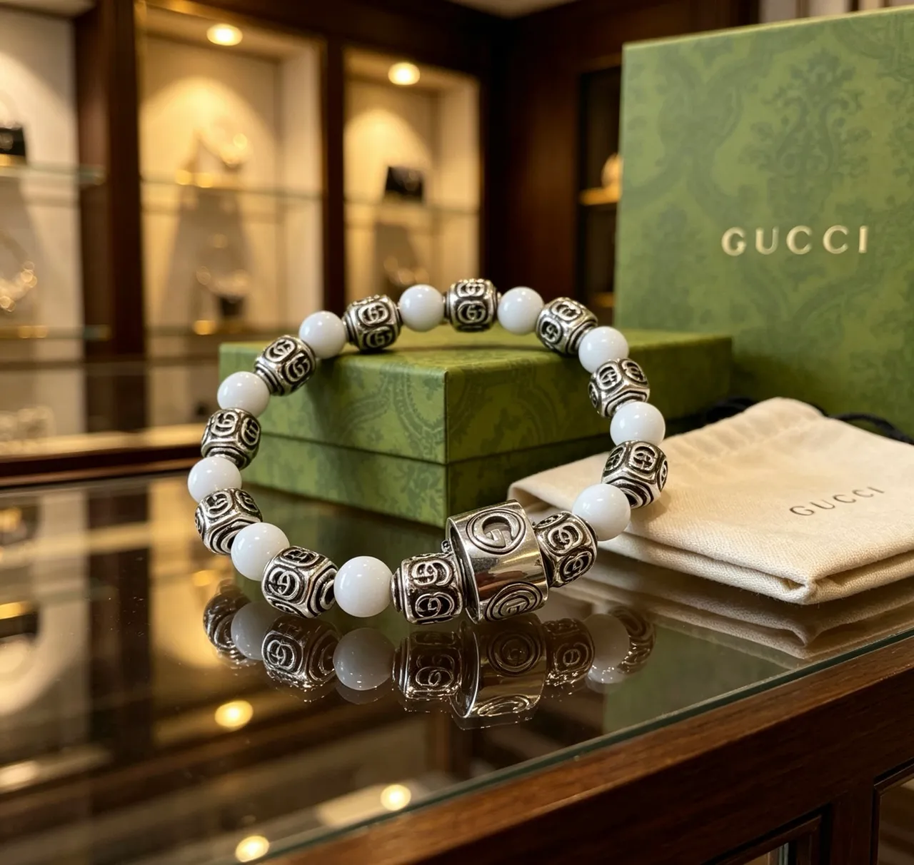 Gucci GG Marmont White Silver Beaded Interlocking G Motif Bracelet