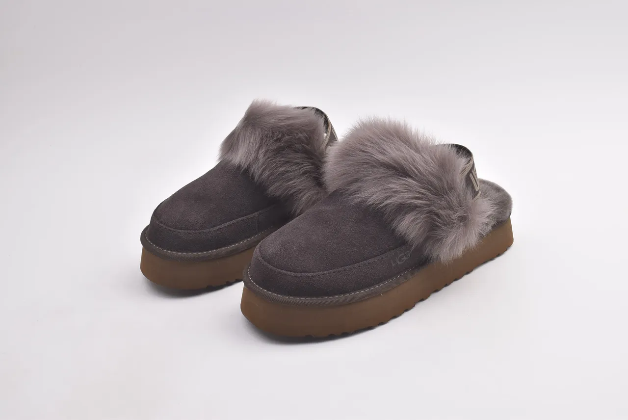 UGG Gray Brown Platform Sole Fur-Trimmed Slippers
