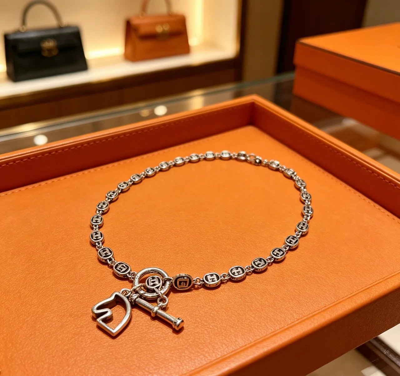 Hermès Silver Black Logo-Link Chain Necklace