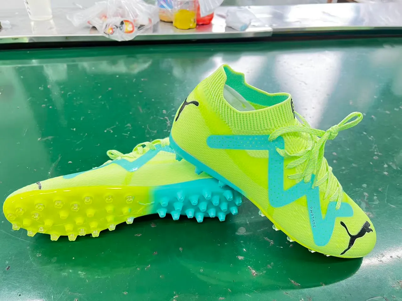 Puma Green Blue Knit Upper W-Formstrip Overlay Turf Soccer Shoes