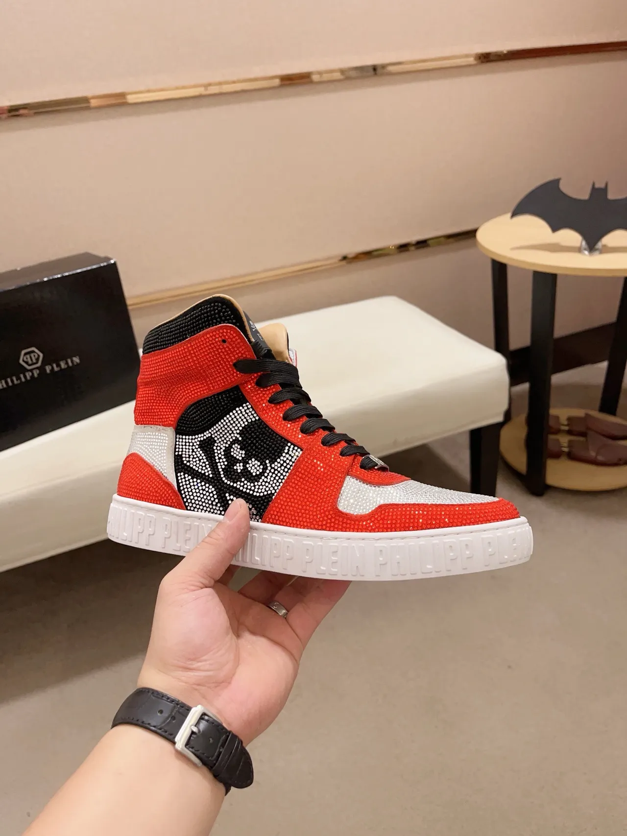Philipp Plein Crystal-Embellished Red Black Skull Motif Lifestyle Sneaker