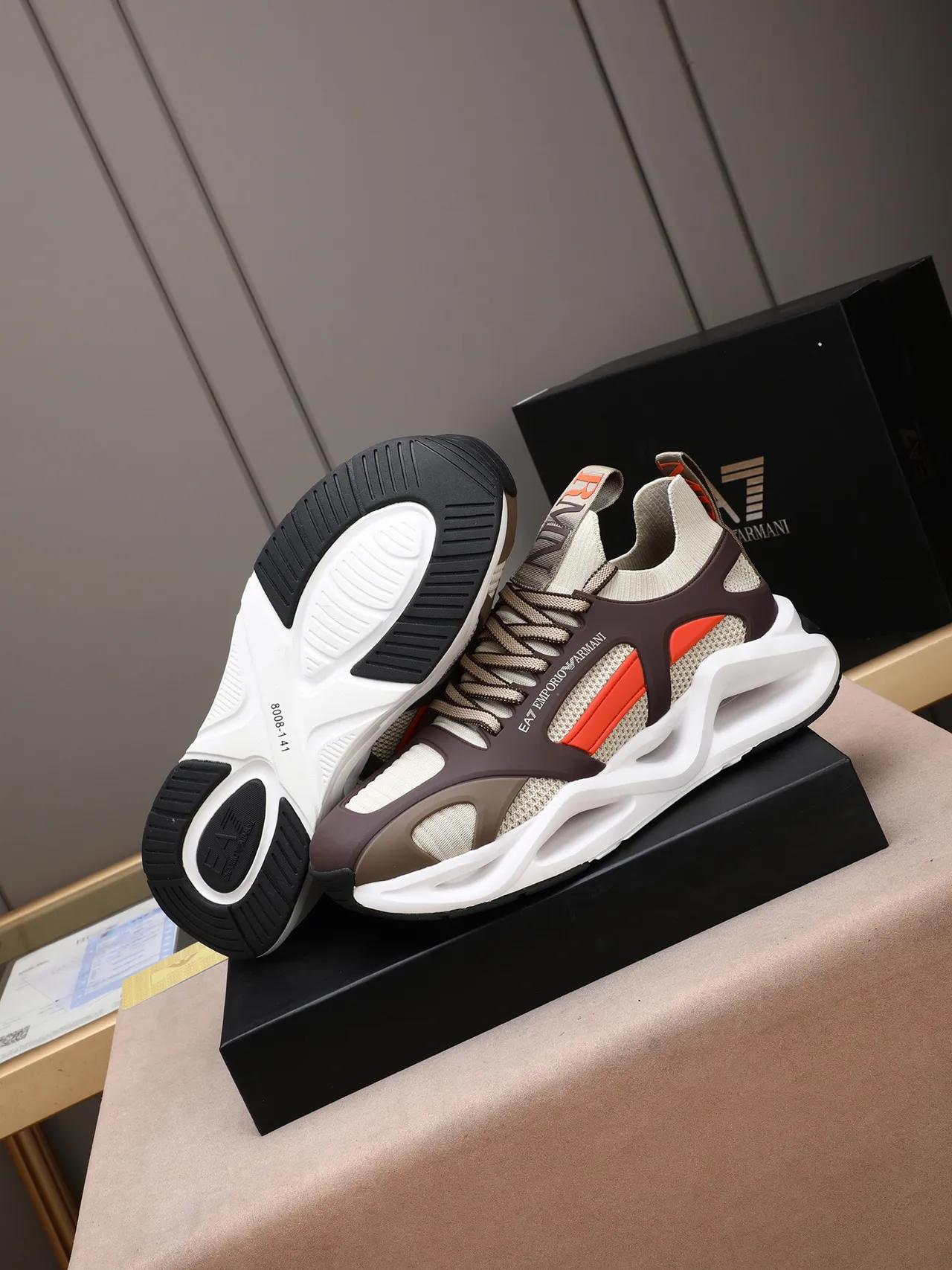 Emporio Armani EA7 Beige Brown Orange Sculpted Midsole Lifestyle Sneaker
