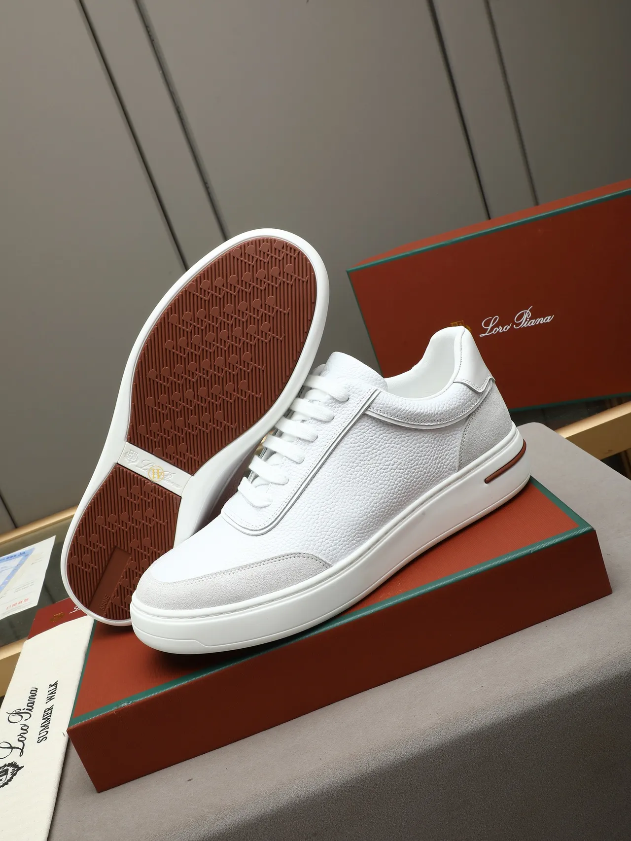 Loro Piana White Textured Leather and Suede Platform Sneaker
