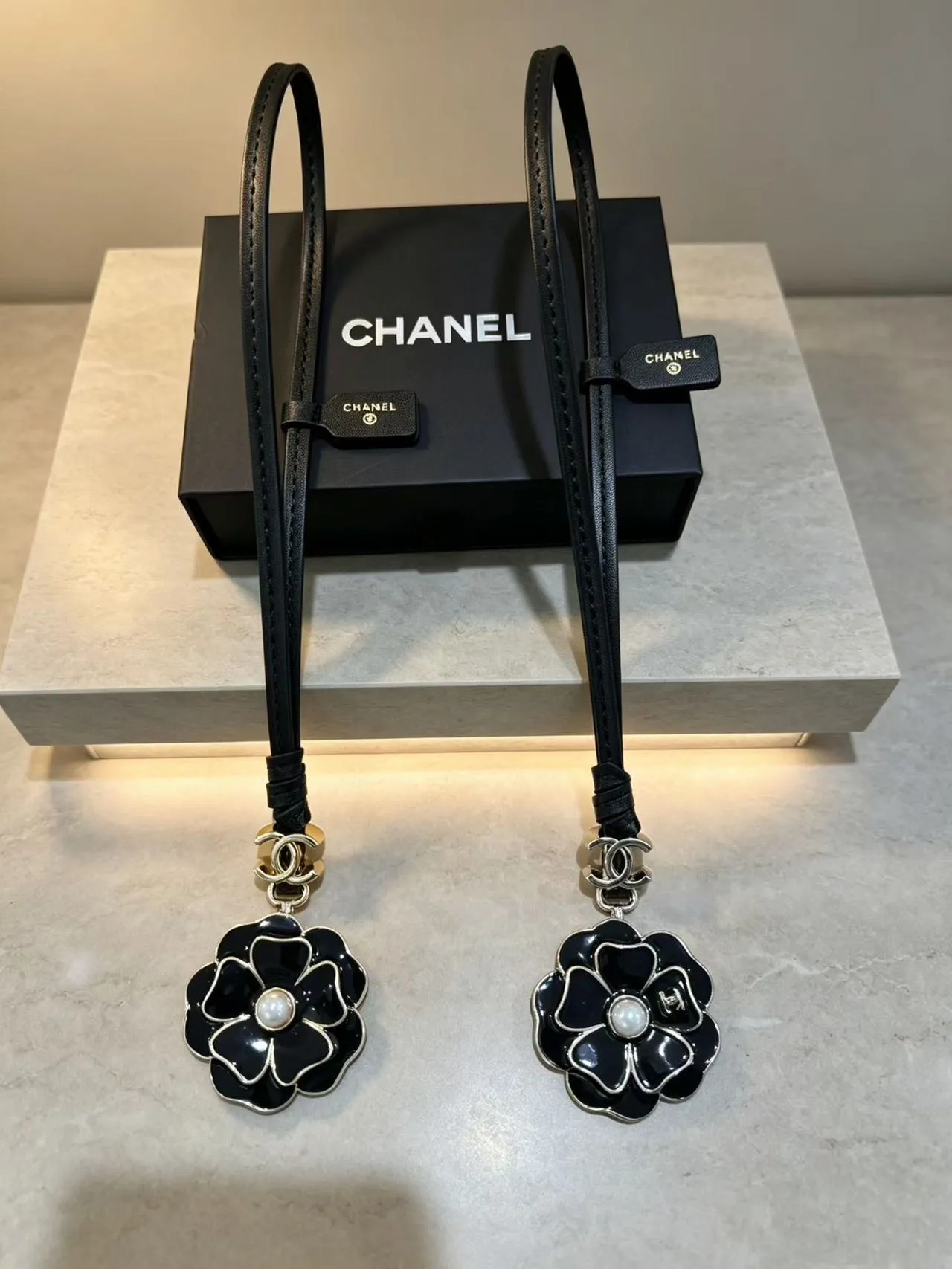 Chanel Camellia Charm Black Multicolor Enamel Pendant Pearl Center Handbag