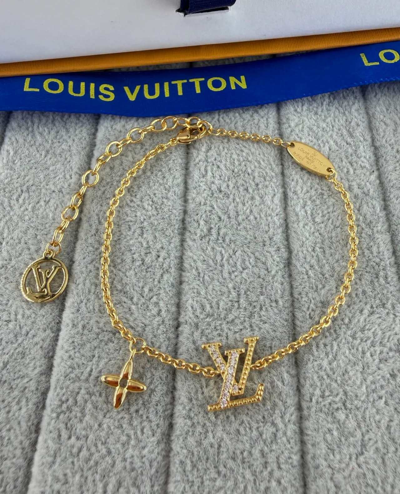 Louis Vuitton Iconic Monogram Gold Silver Chain Pavé-Crystal LV Logo Bracelet