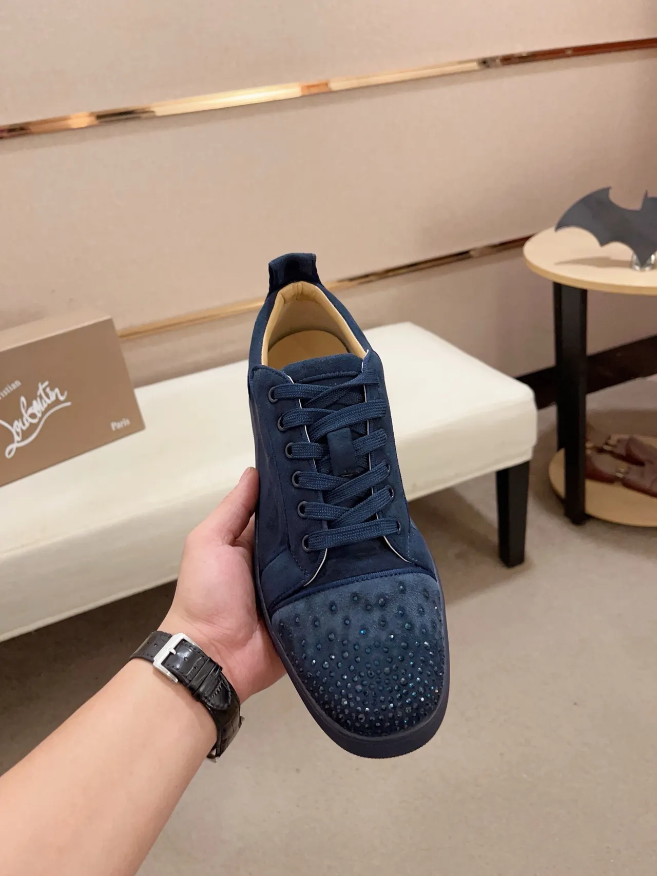 Christian Louboutin Louis Navy Suede Crystal-Studded Lifestyle Sneakers