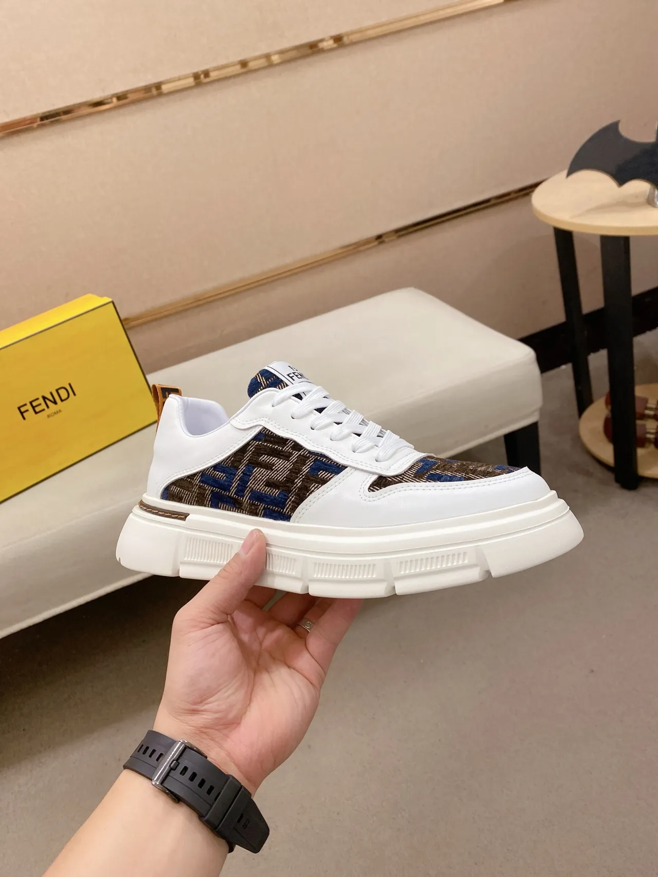 Fendi White Brown Platform Sole FF Monogram Jacquard Upper Chunky Sneakers