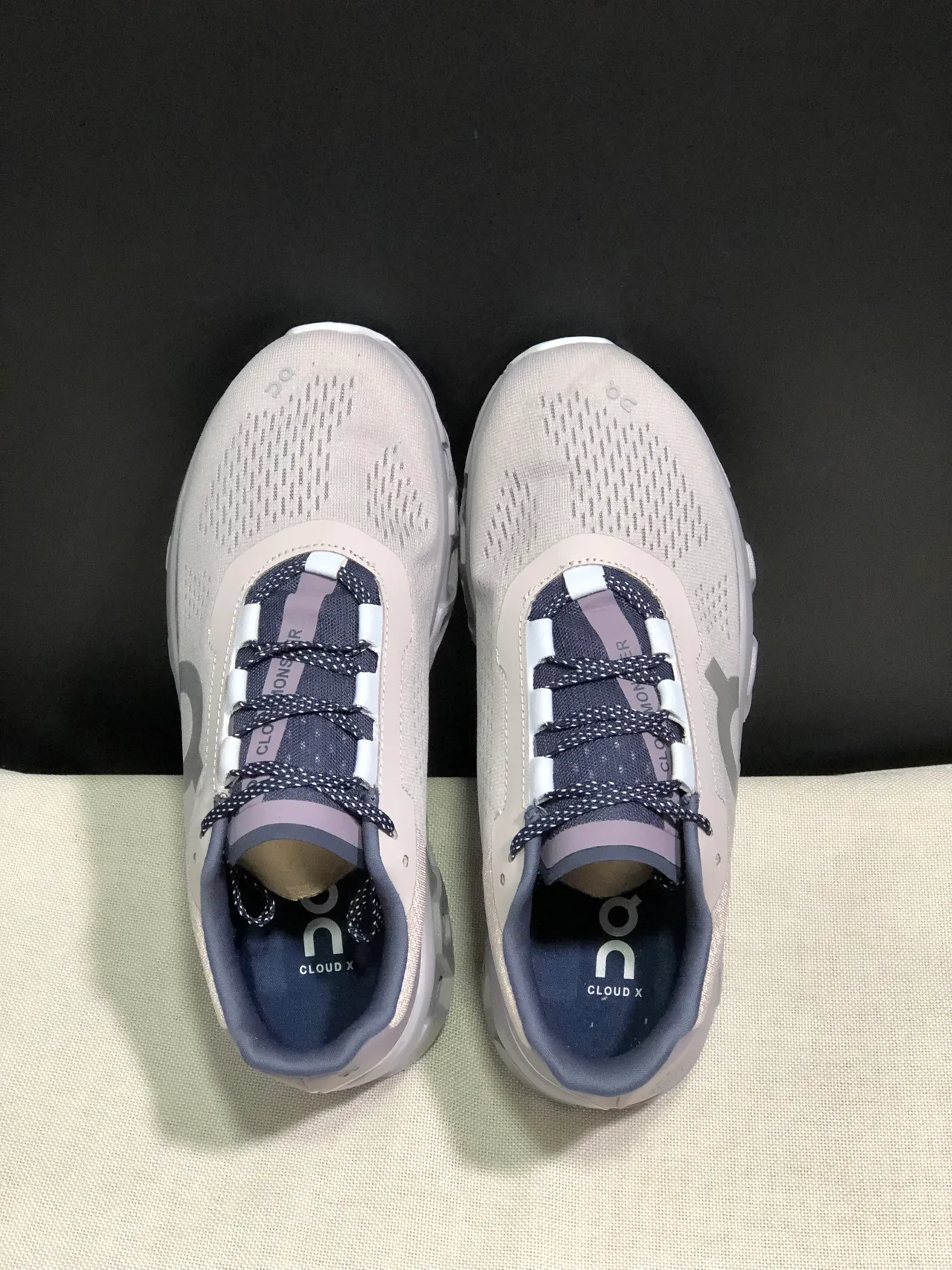 On Cloudmonster Beige Navy Running Shoes