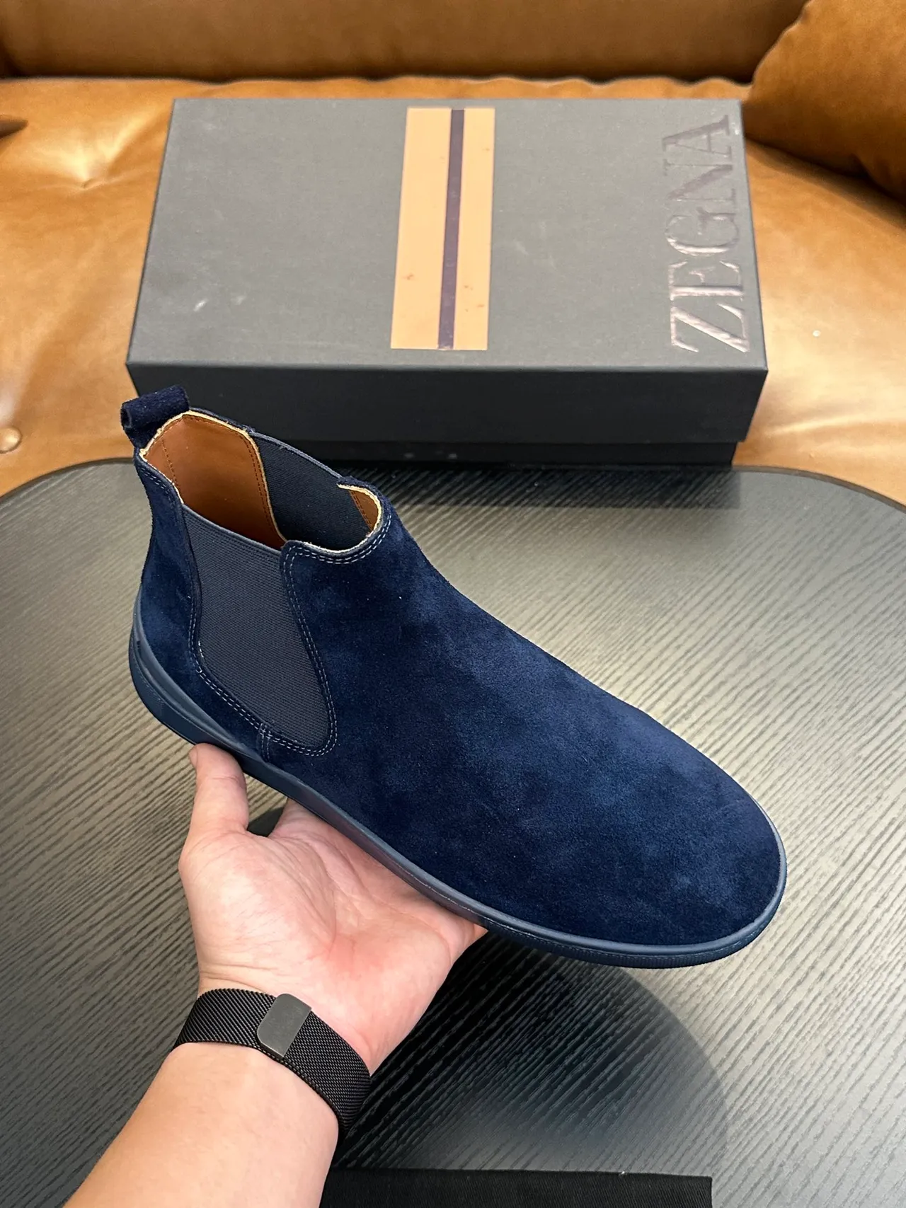 Zegna Navy Suede Chelsea Boots