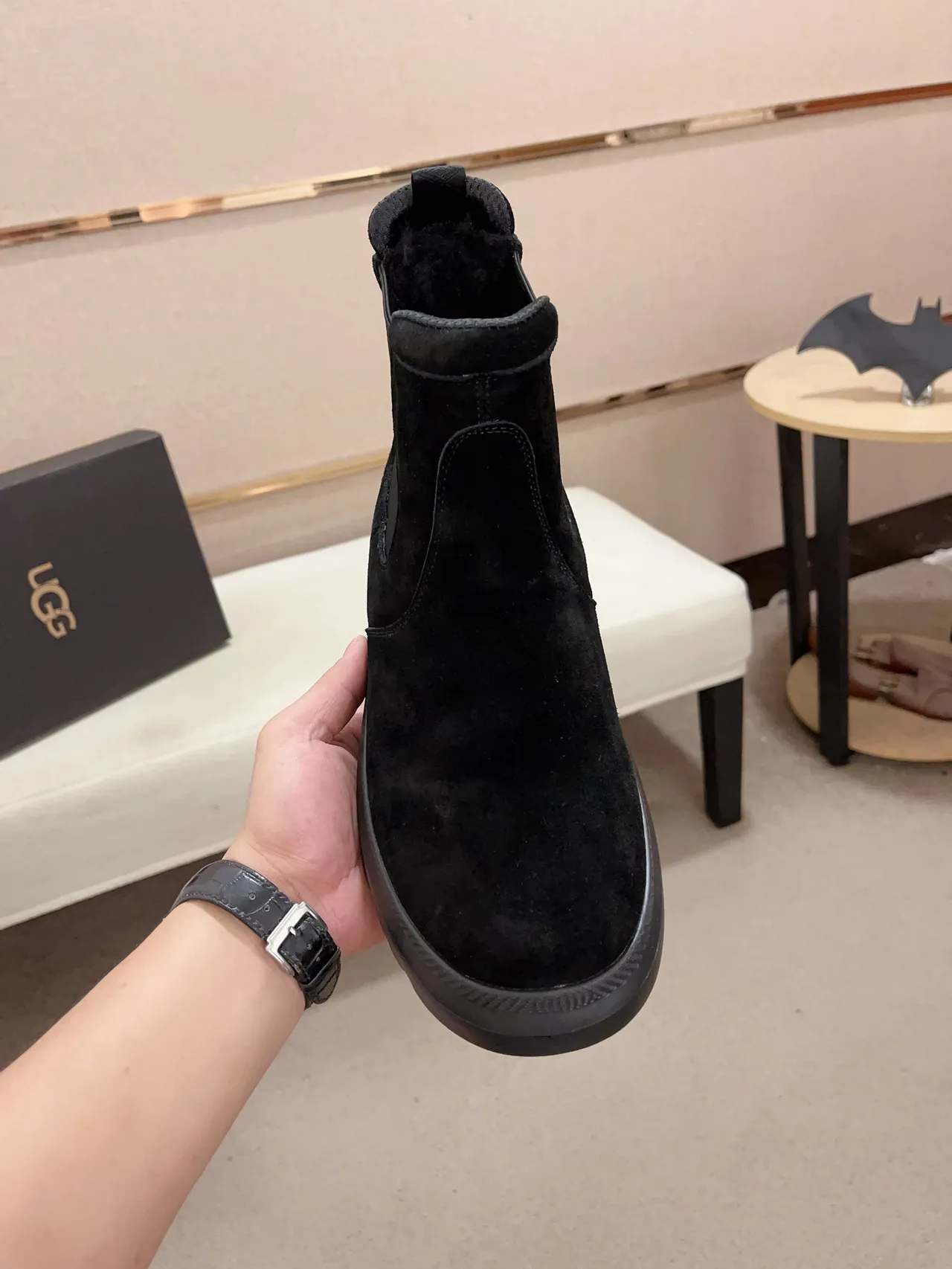 UGG Tasman Black Gray Suede Upper Elastic Side Gussets Chelsea Boots