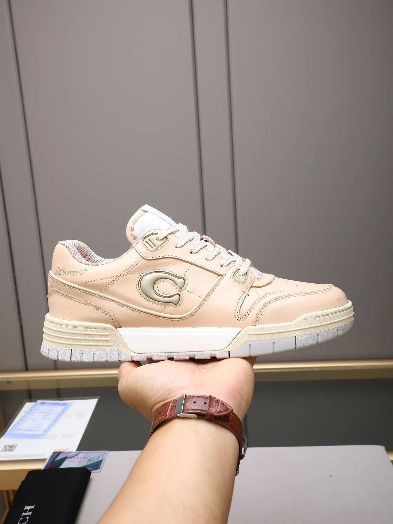 Coach Lifestyle Sneaker Beige Leather Embossed C Logo Sneakers