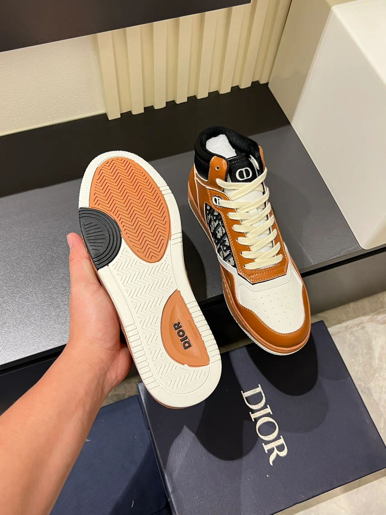 Dior B23 Tan and White Oblique Monogram High-Top Lifestyle Sneakers