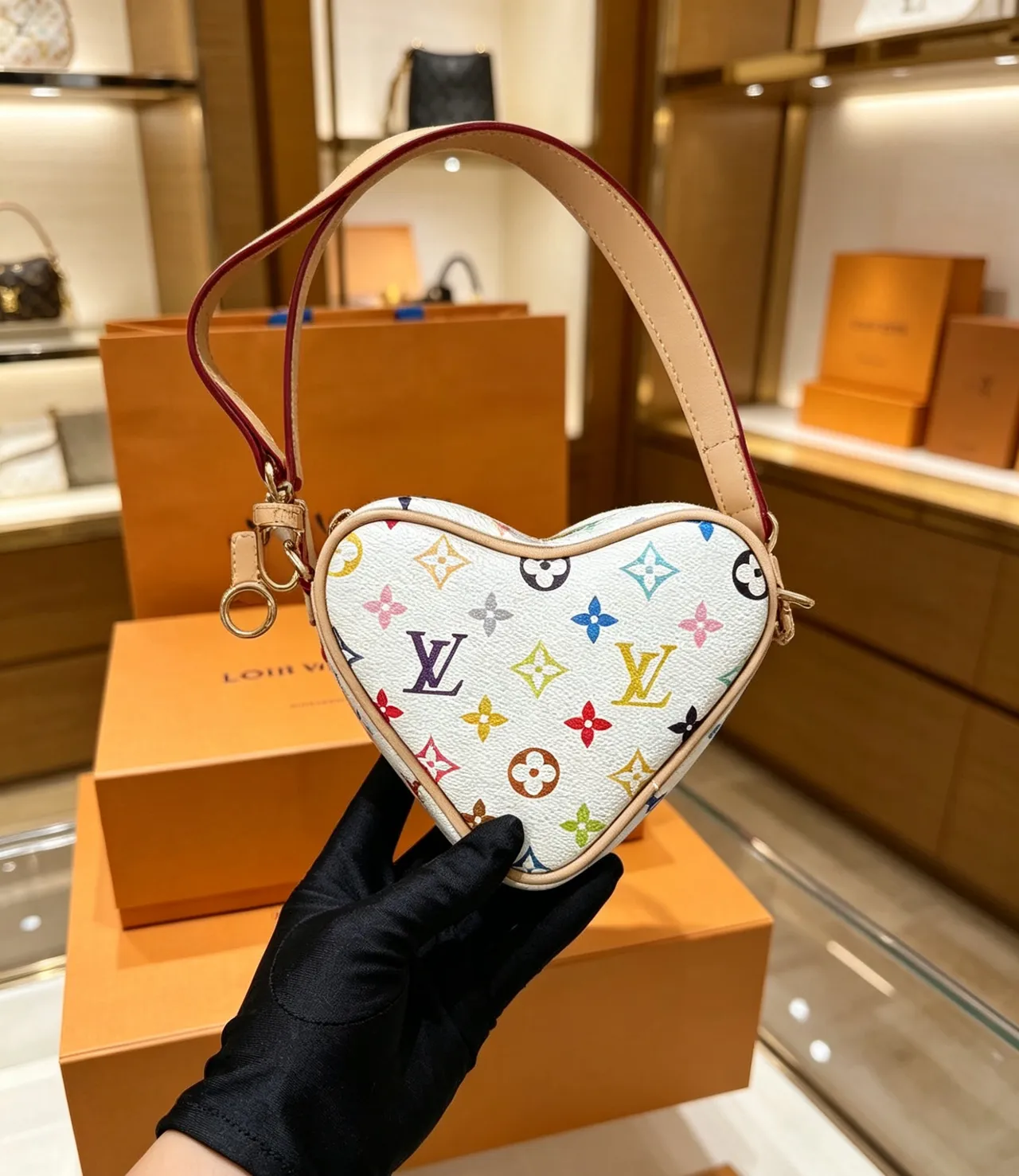 Louis Vuitton White Pink Heart-Shaped Monogram-Printed Handbag