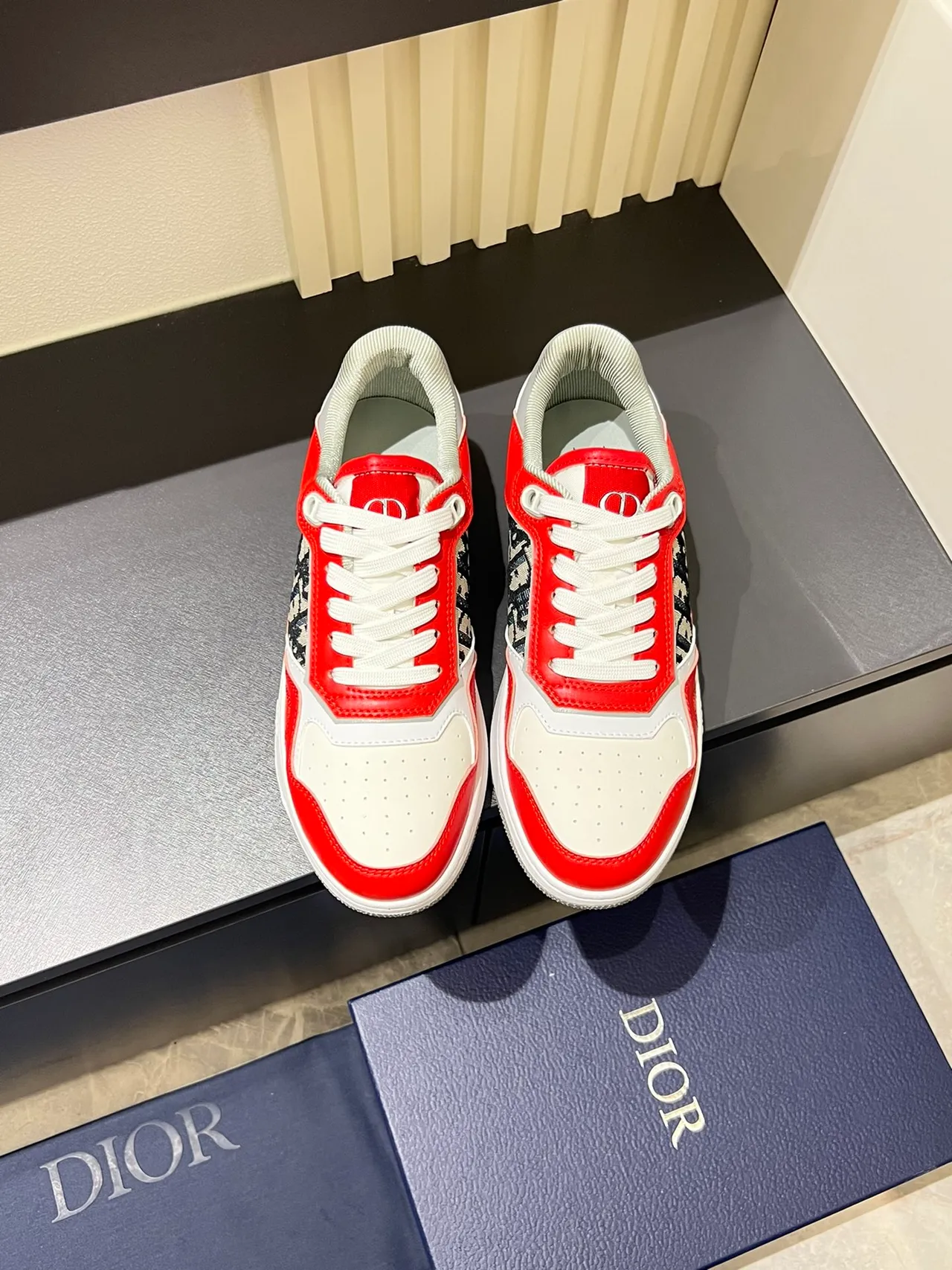 Dior B23 High Red and White Monogram Lifestyle Sneakers