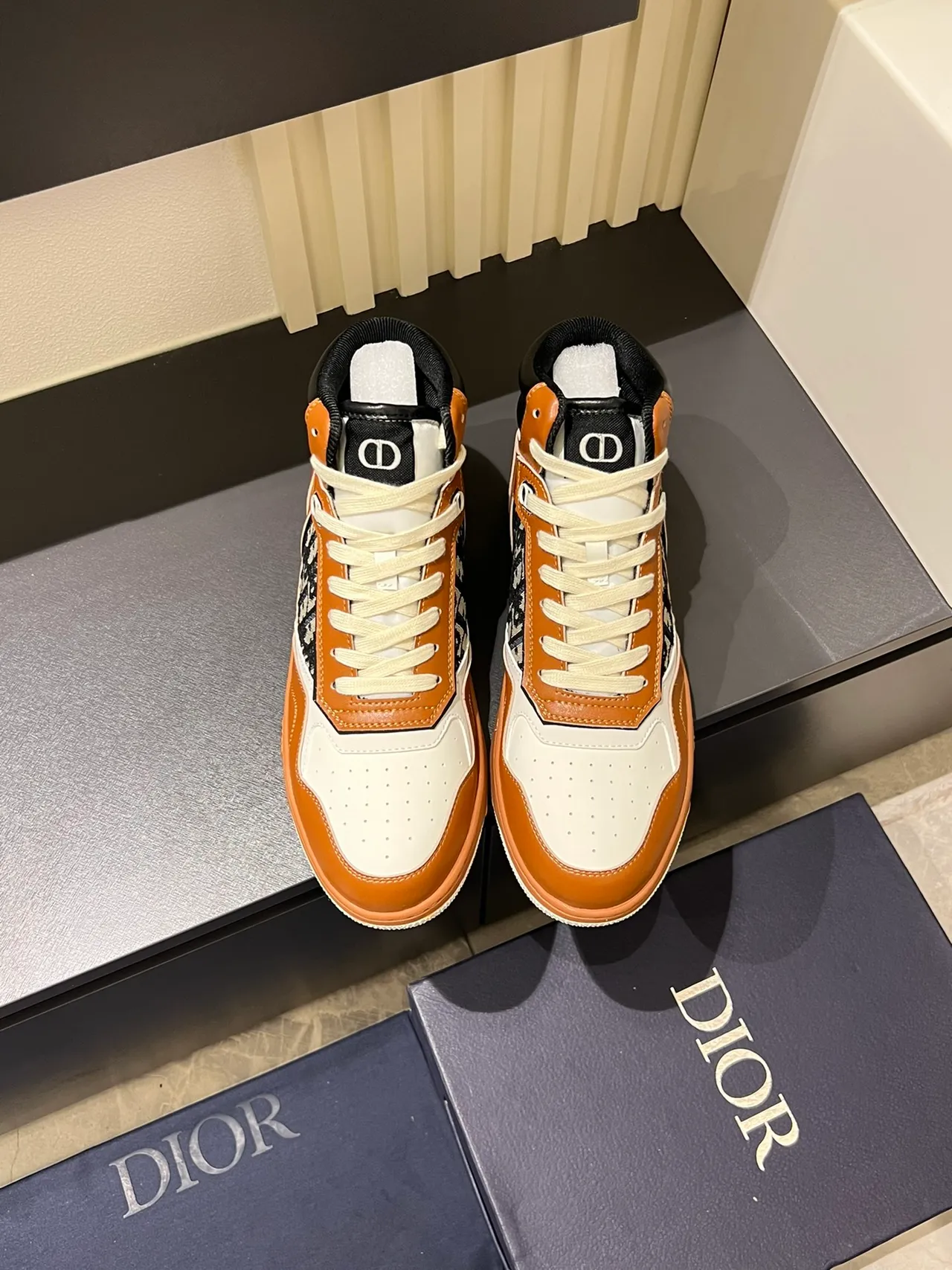 Dior B23 Tan and White Oblique Monogram High-Top Lifestyle Sneakers