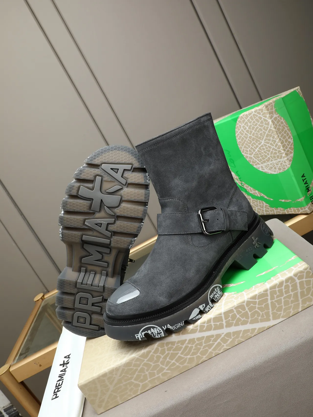 Premiata Rien Ne Va Plus Gray Suede Buckle Strap Ankle Boot