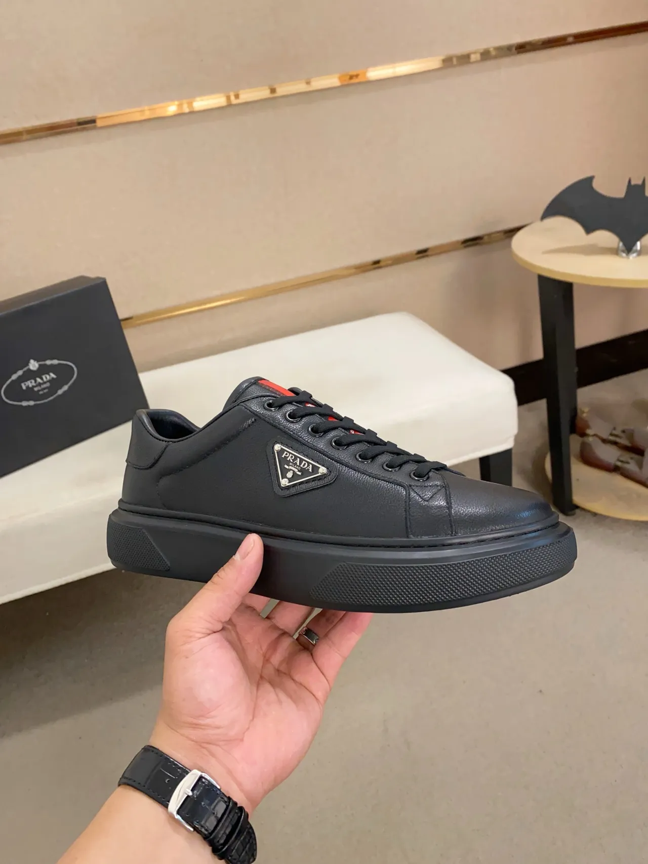 Prada Black Red Leather Upper Triangular Metal Logo Plaque Lifestyle Sneakers