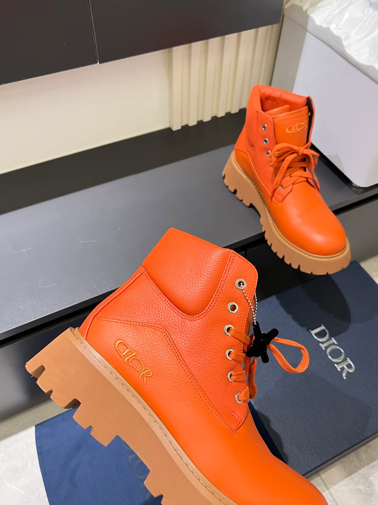 Dior Orange Beige Chunky Lug Sole Padded Collar Ankle Boots