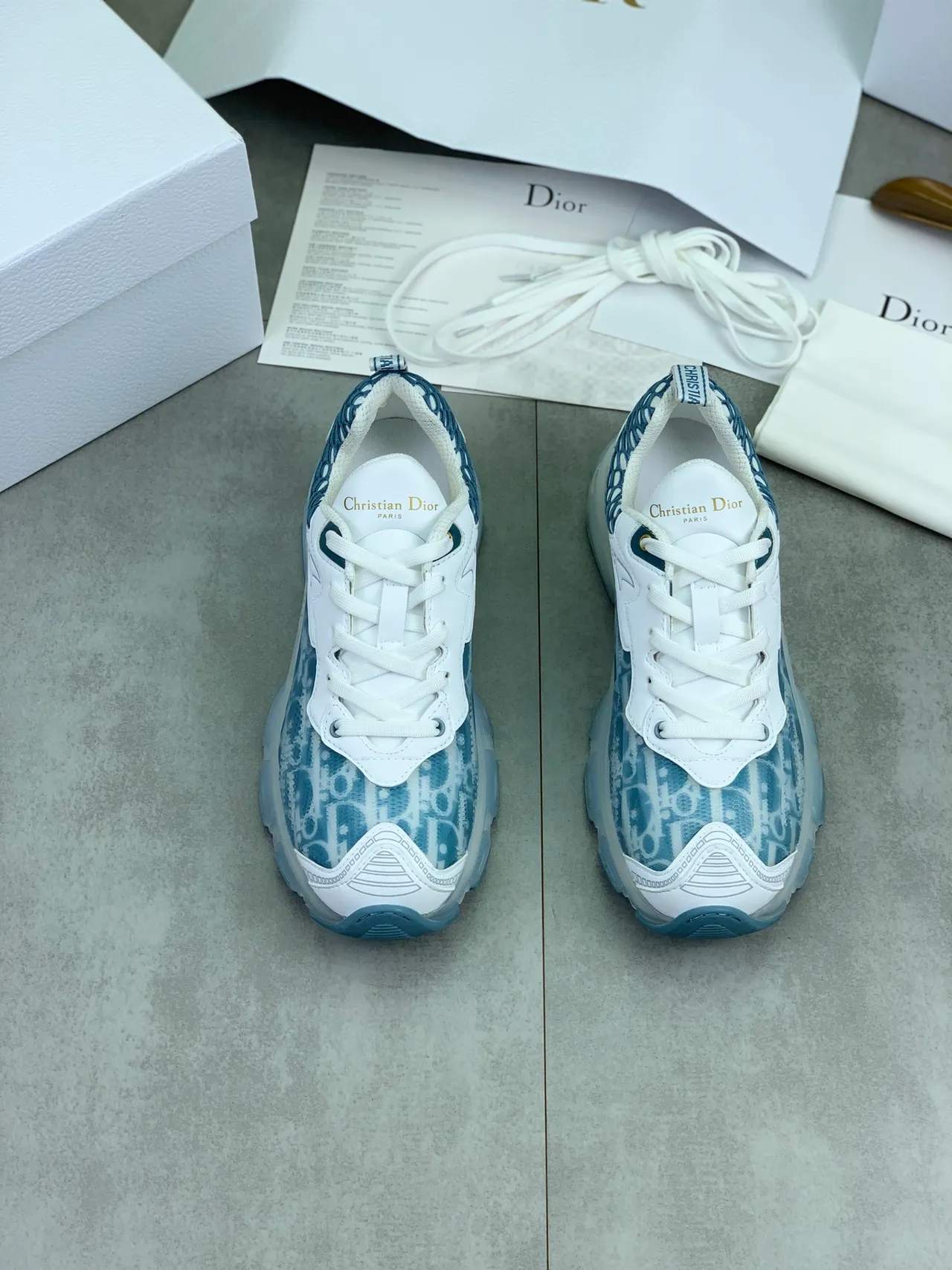 Dior White Blue Sole Transparent Midsole Chunky Sneakers