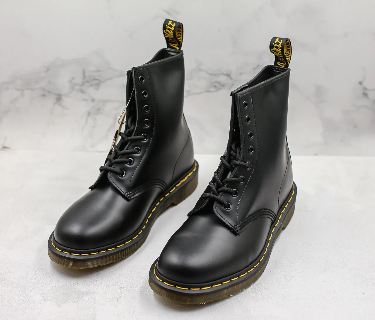Dr. Martens 1460 Black Smooth Leather Yellow Stitch Martin Boots
