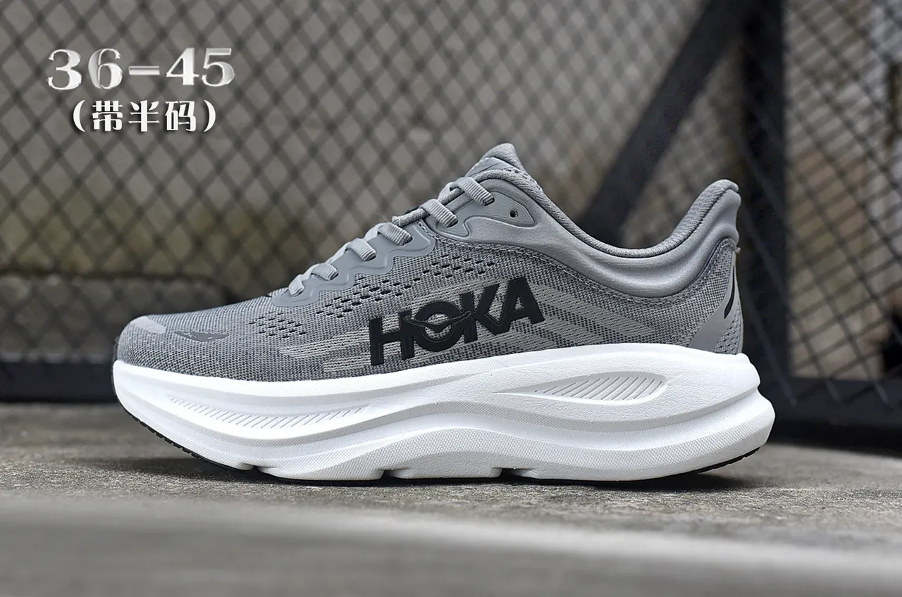 Hoka Gray White Engineered Mesh Upper Thick Midsole Running Shoes