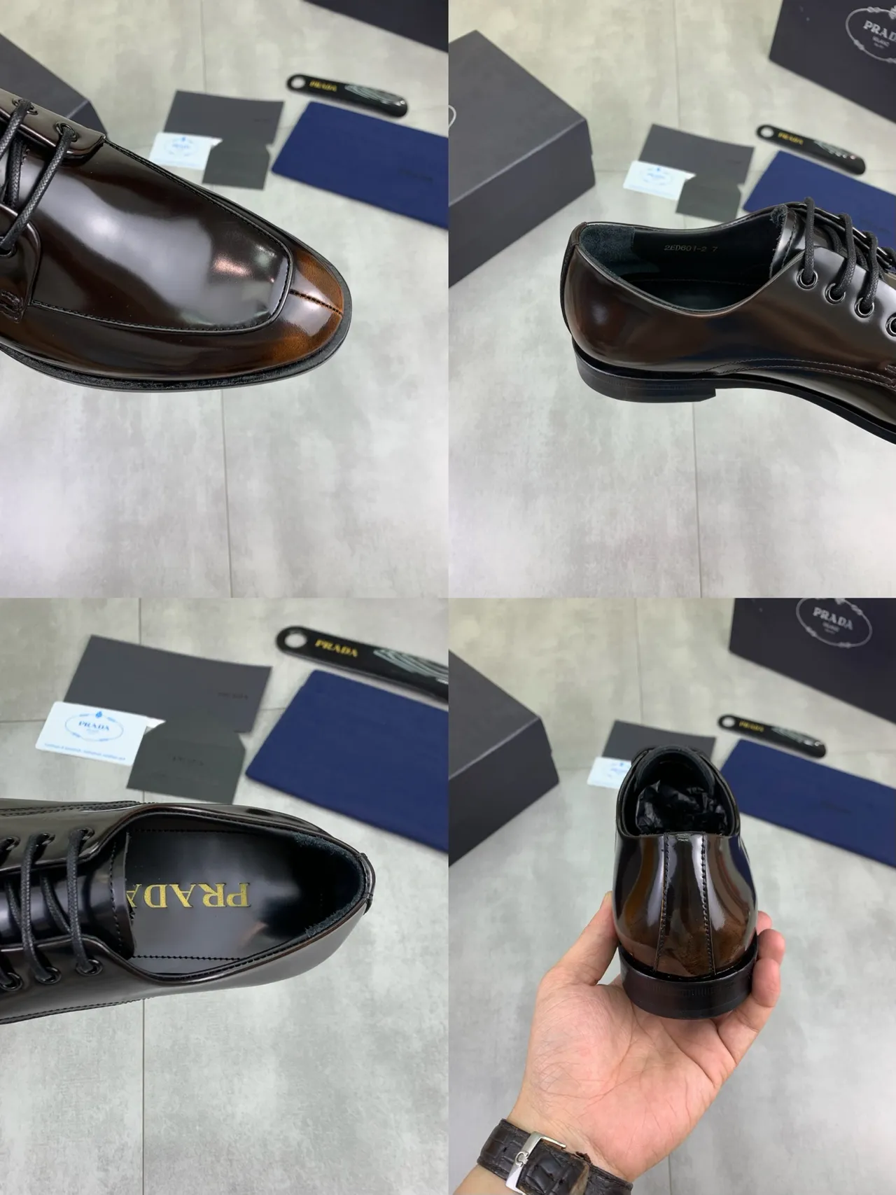 Prada Brown Black High-Gloss Patent Leather Cap-Toe Oxford Shoes