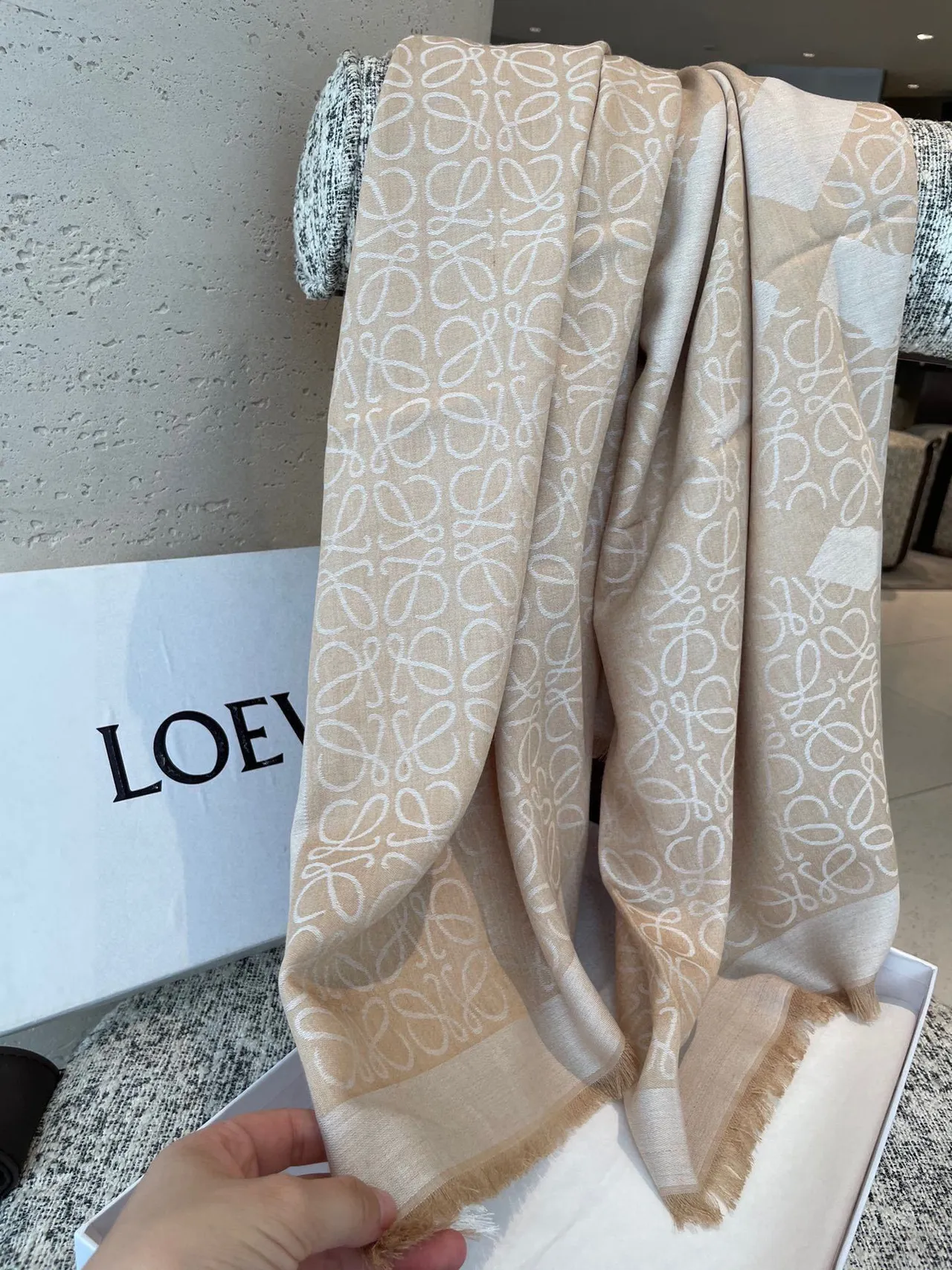 Loewe Monogram Beige and White Cashmere Scarf