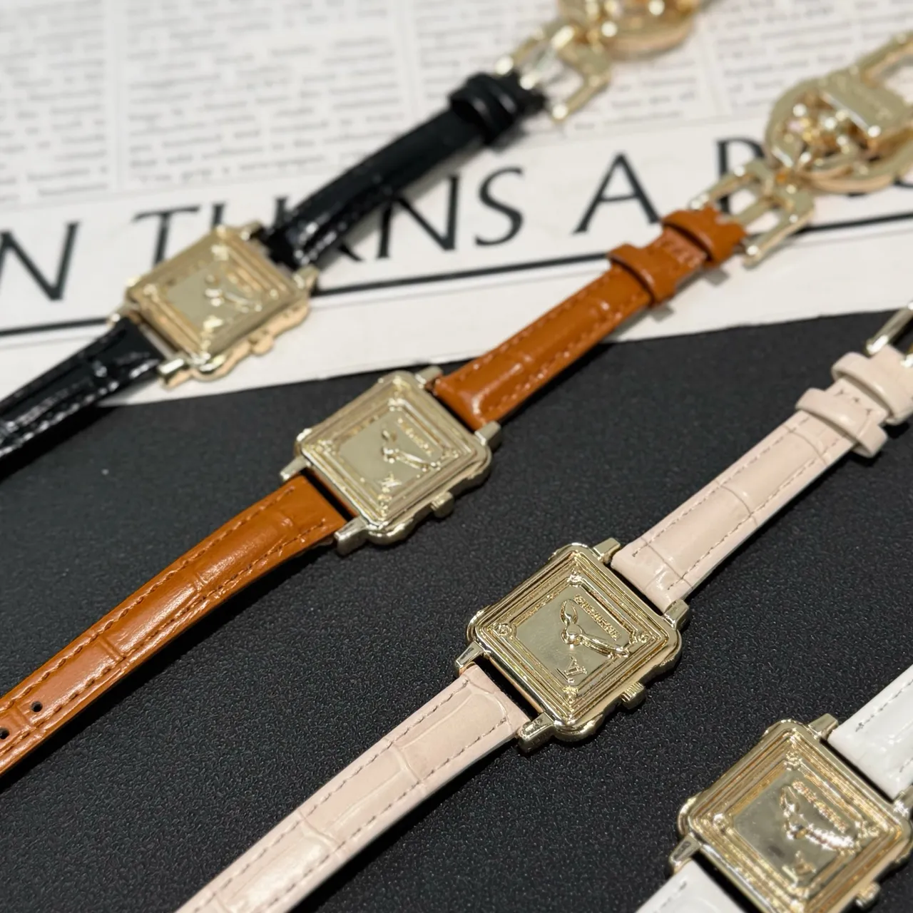 Gold Square Case Textured Leather Strap Watch