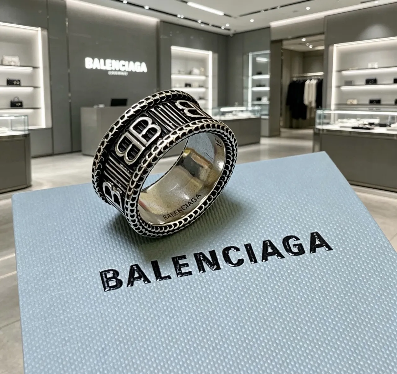 Balenciaga Logo Ring Silver Black Wide Band Engraved Ring