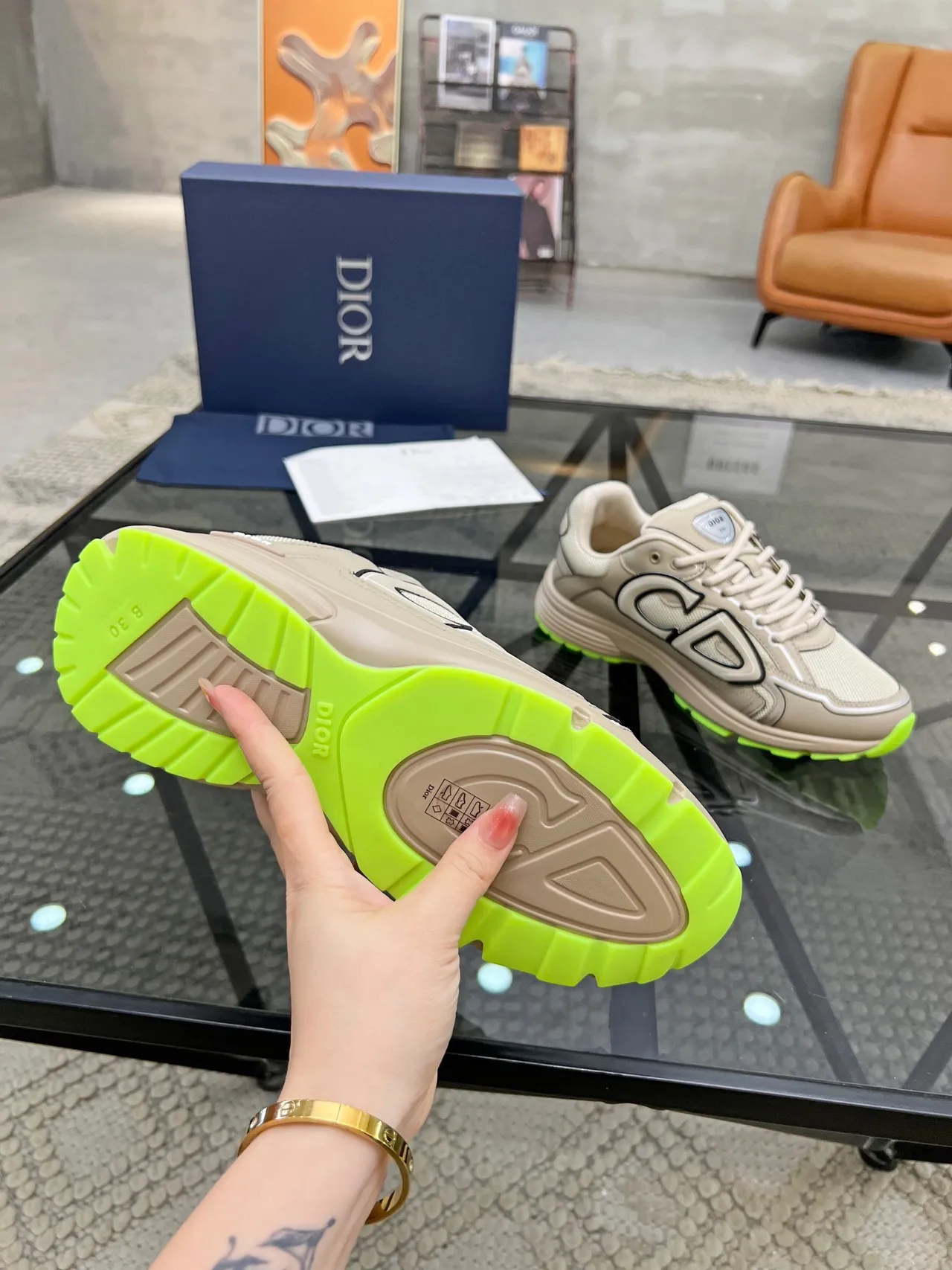 Dior B23 Beige Green Sole Oversized CD Logo Chunky Sneakers