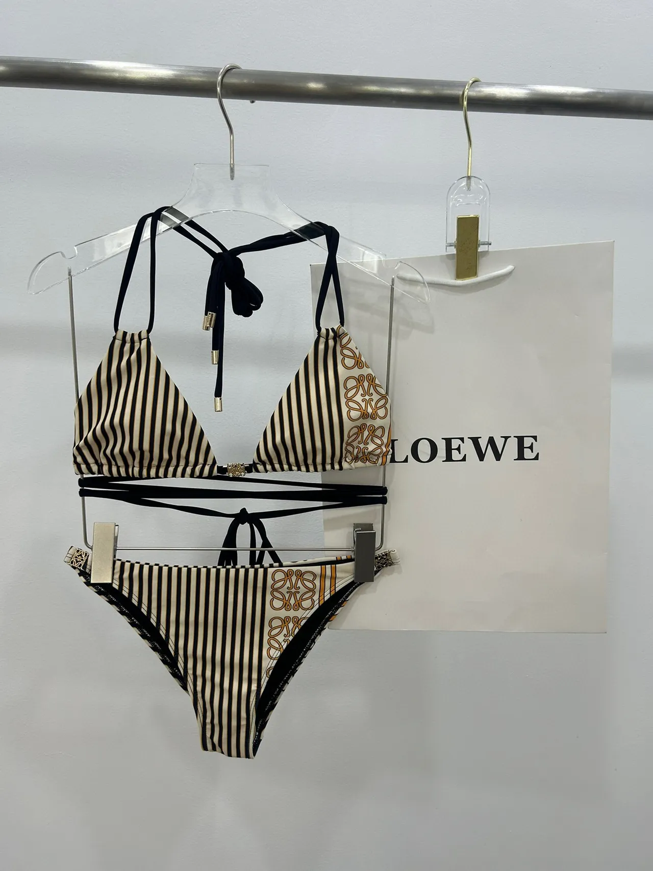 Black Beige Halter Triangle Top Side-Tie Briefs Swimwear